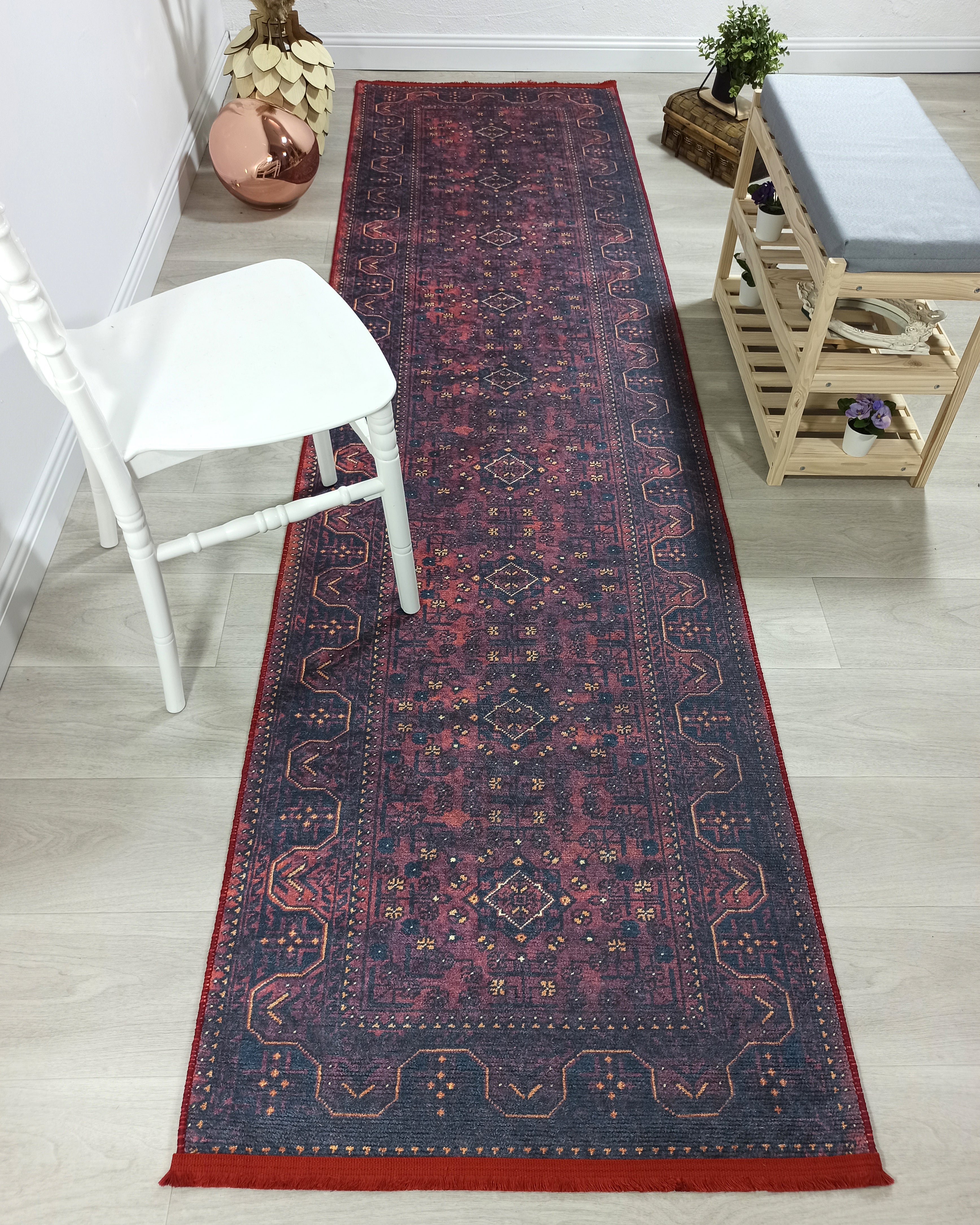 Turkish Oushak Traditional Mid-century Red Navy Blue Rug