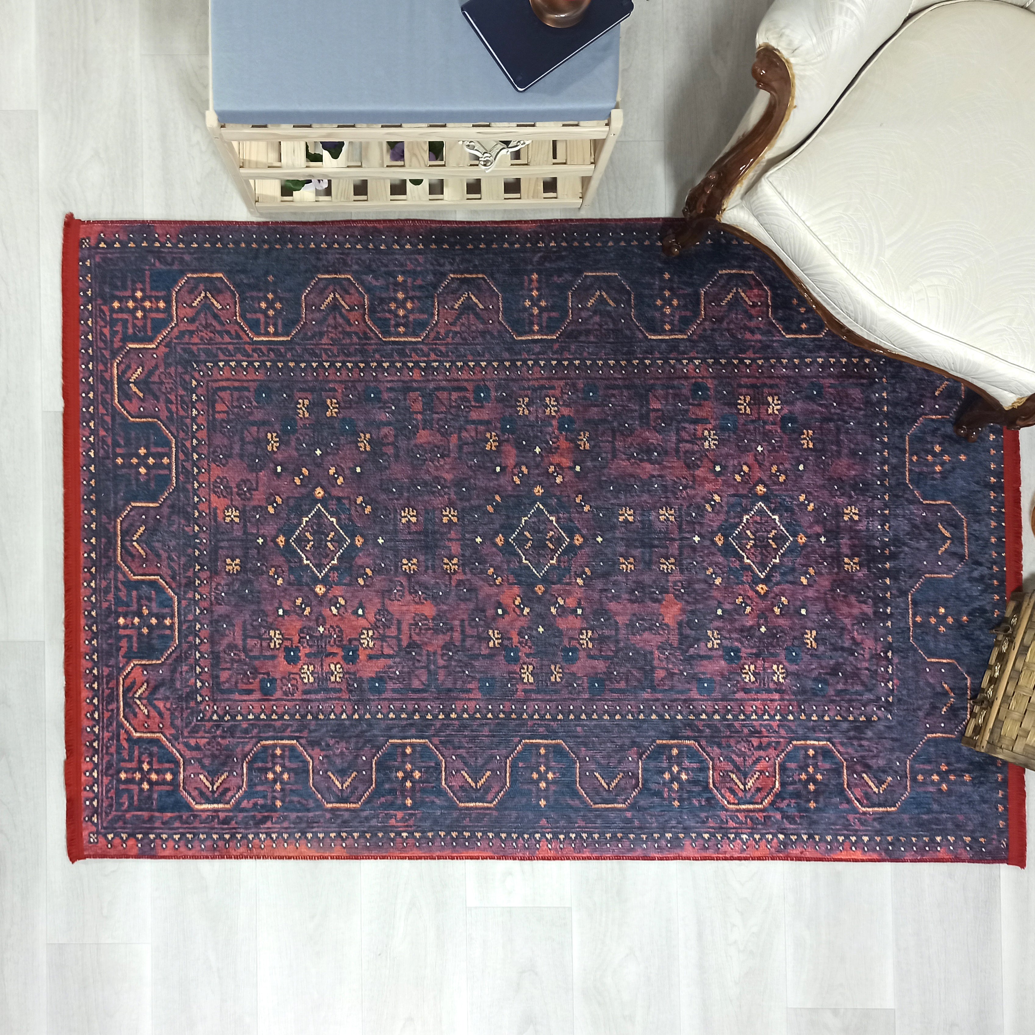 Turkish Oushak Traditional Mid-century Red Navy Blue Rug