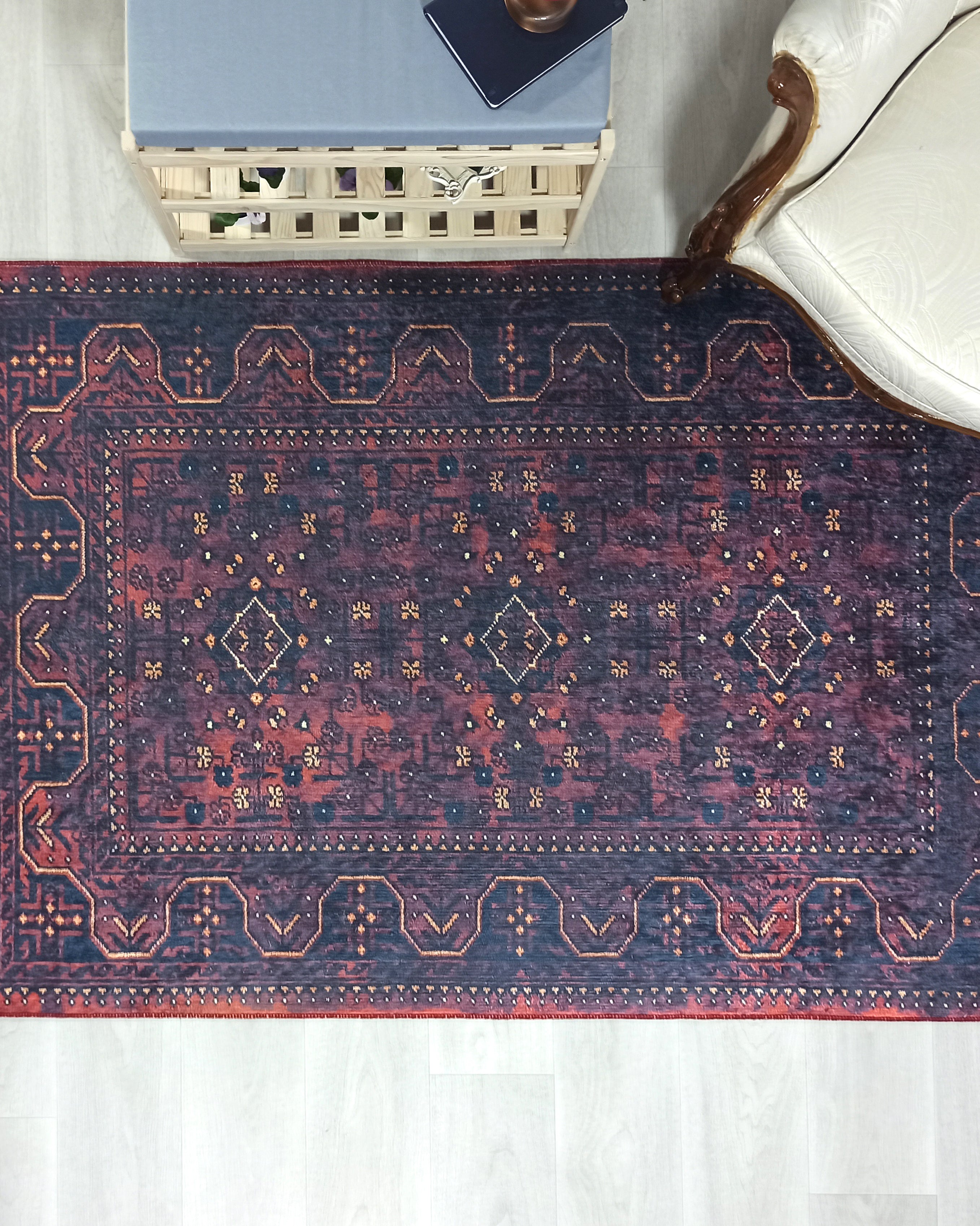 Turkish Oushak Traditional Mid-century Red Navy Blue Rug