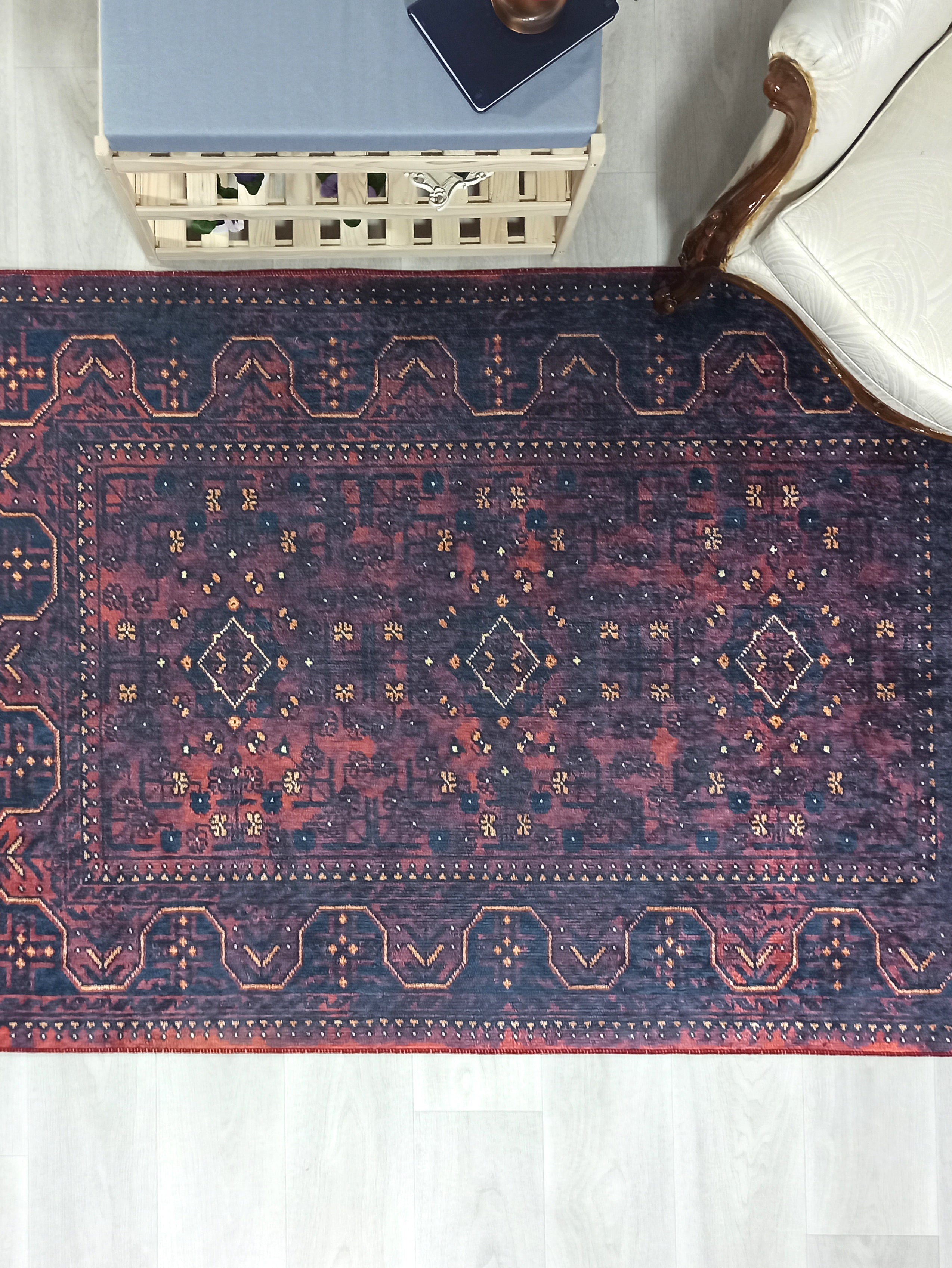 Turkish Oushak Traditional Mid-century Red Navy Blue Rug