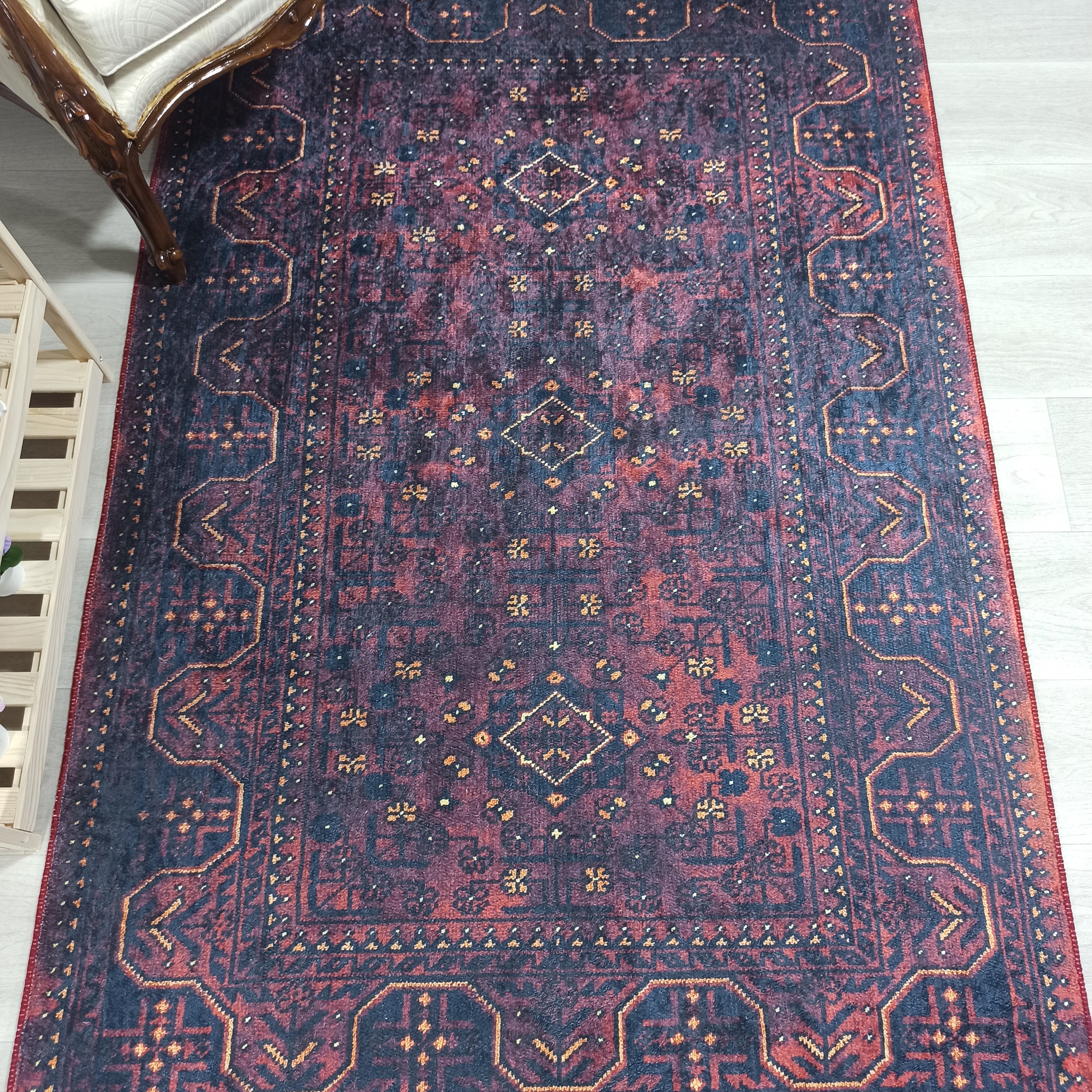 Turkish Oushak Traditional Mid-century Red Navy Blue Rug