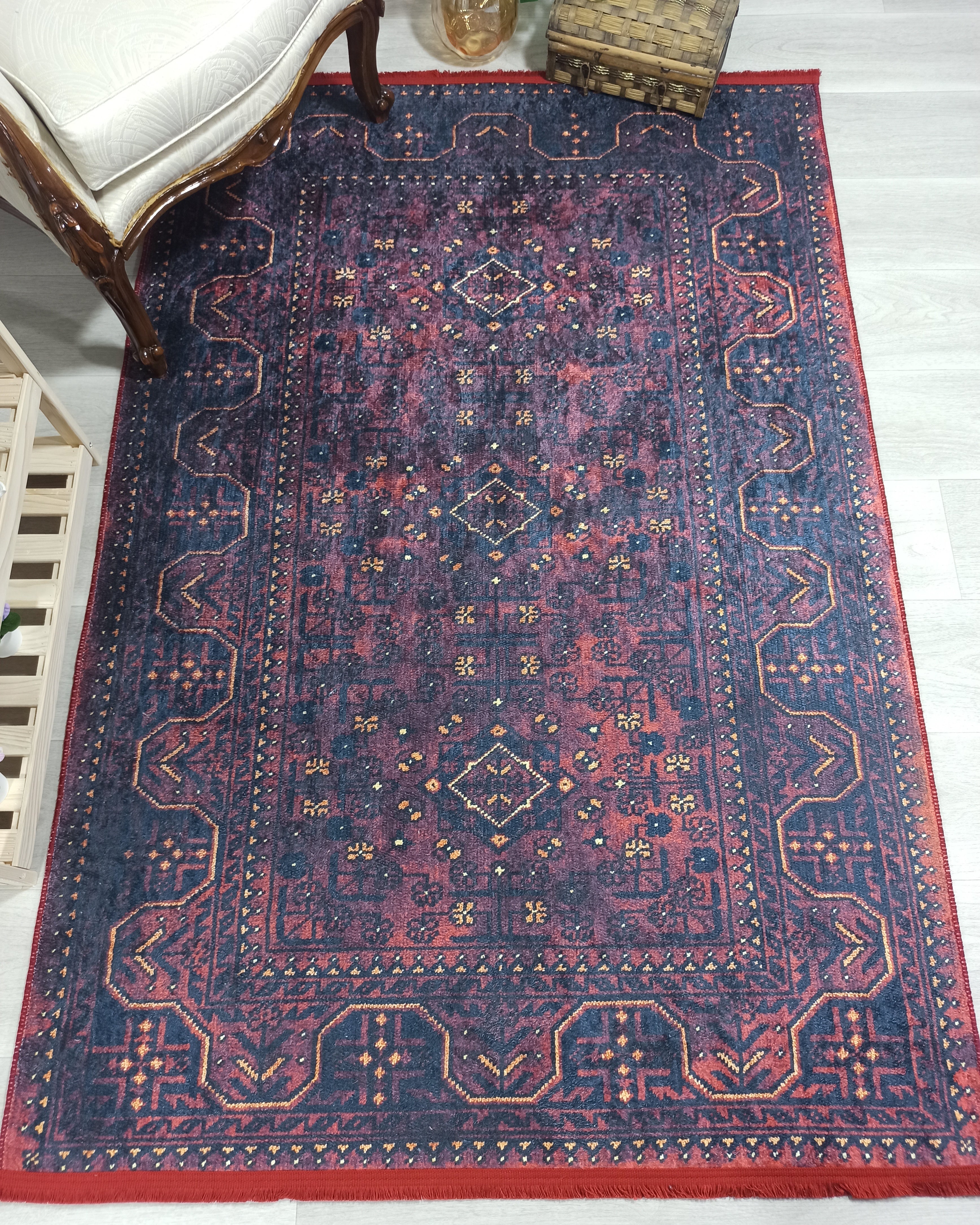 Turkish Oushak Traditional Mid-century Red Navy Blue Rug