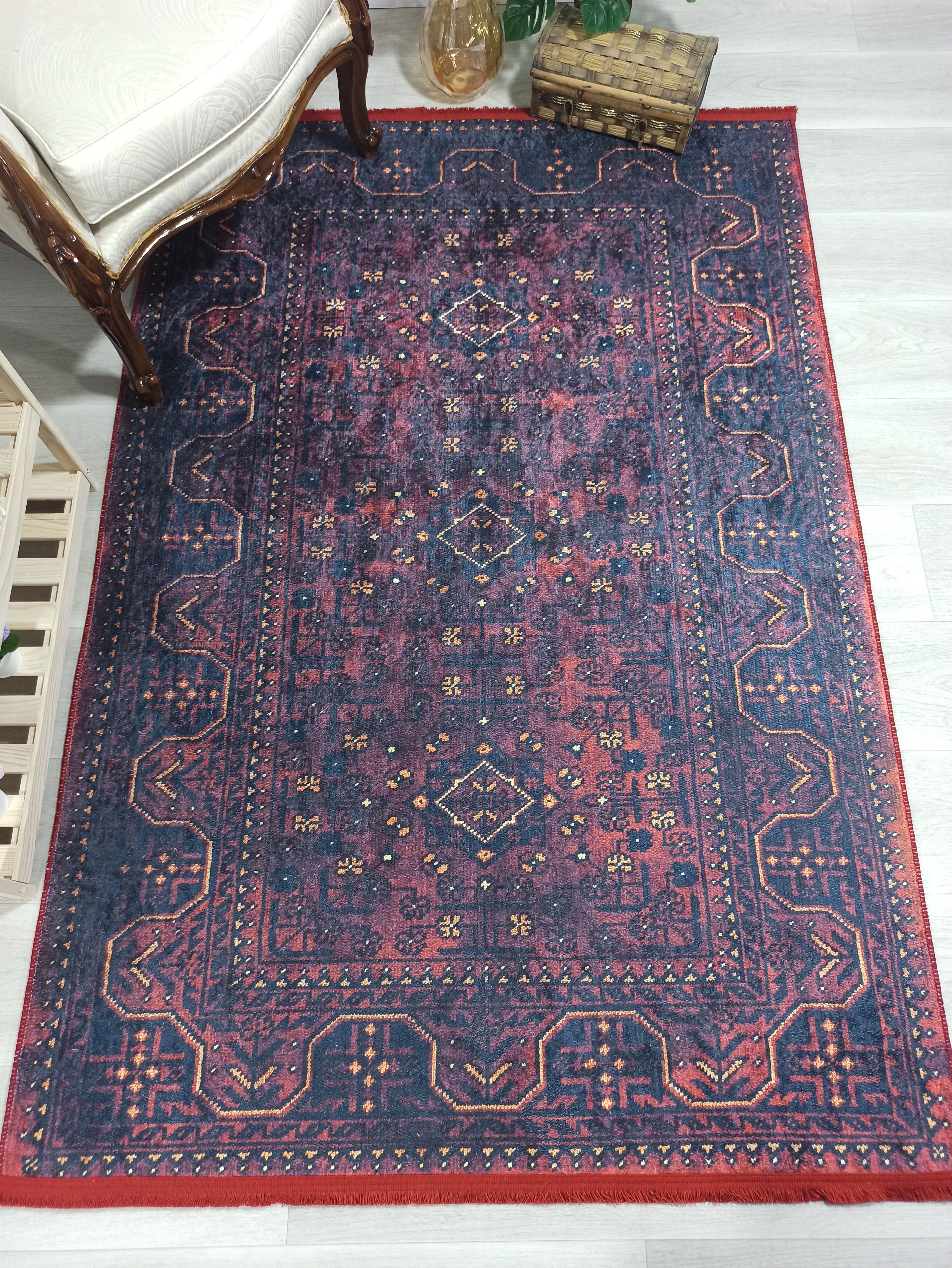 Turkish Oushak Traditional Mid-century Red Navy Blue Rug