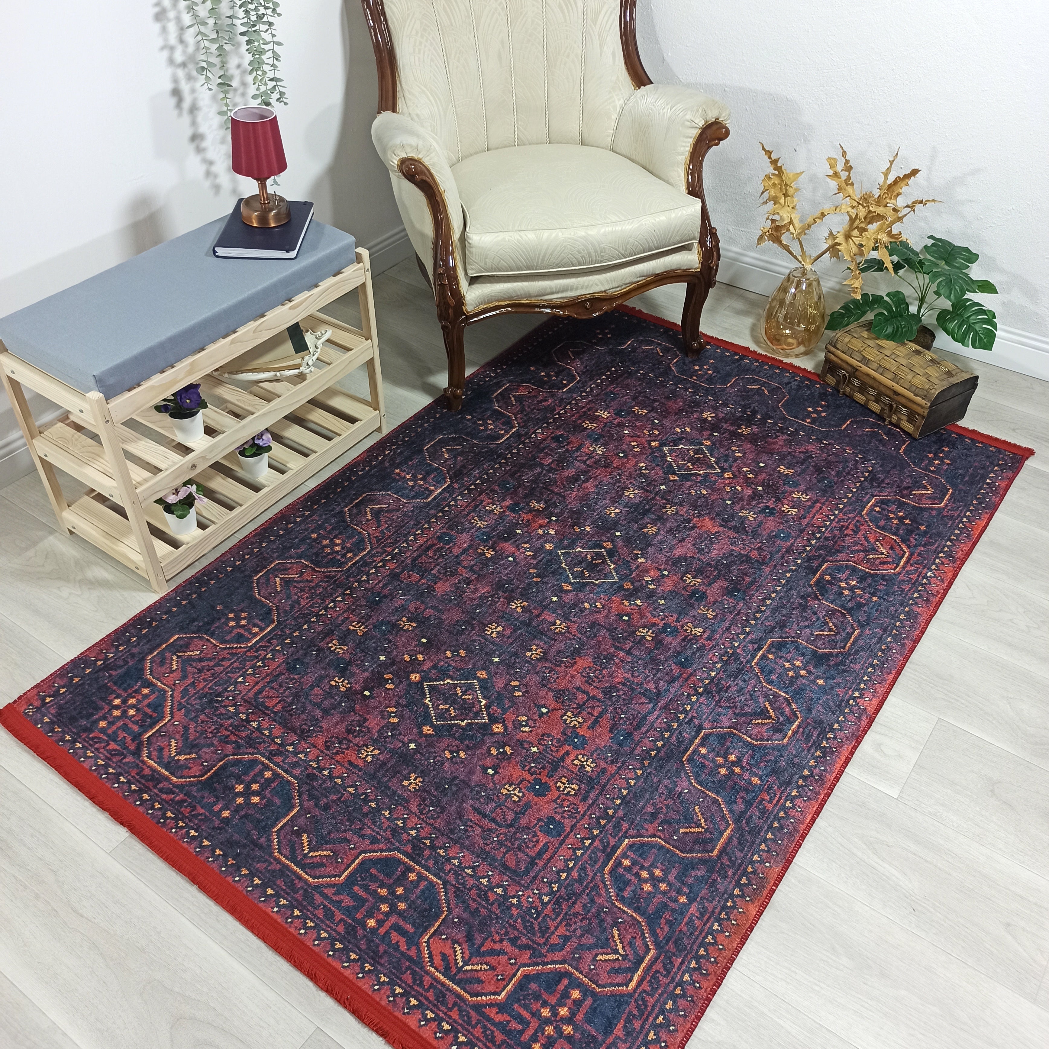 Turkish Oushak Traditional Mid-century Red Navy Blue Rug