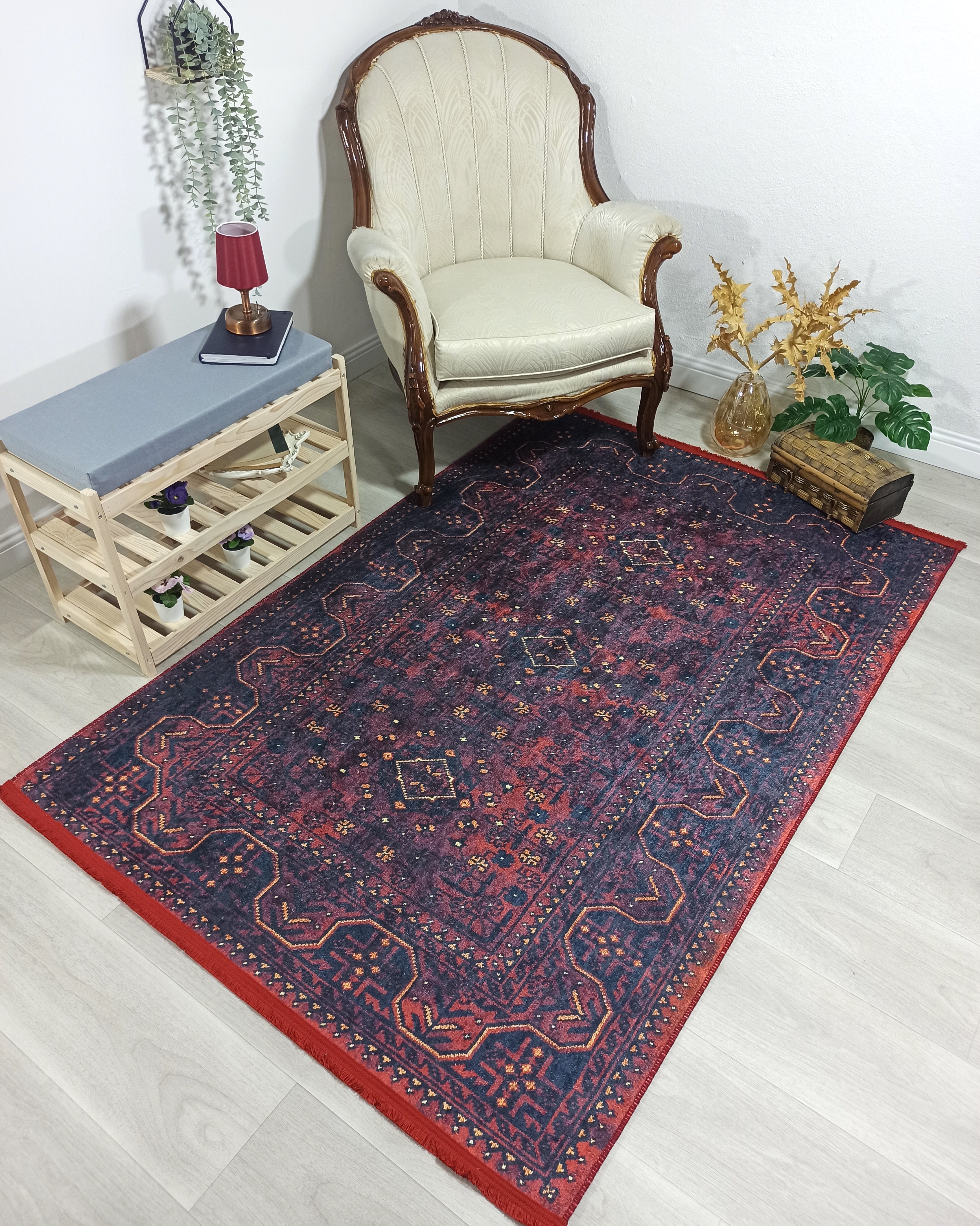 Turkish Oushak Traditional Mid-century Red Navy Blue Rug