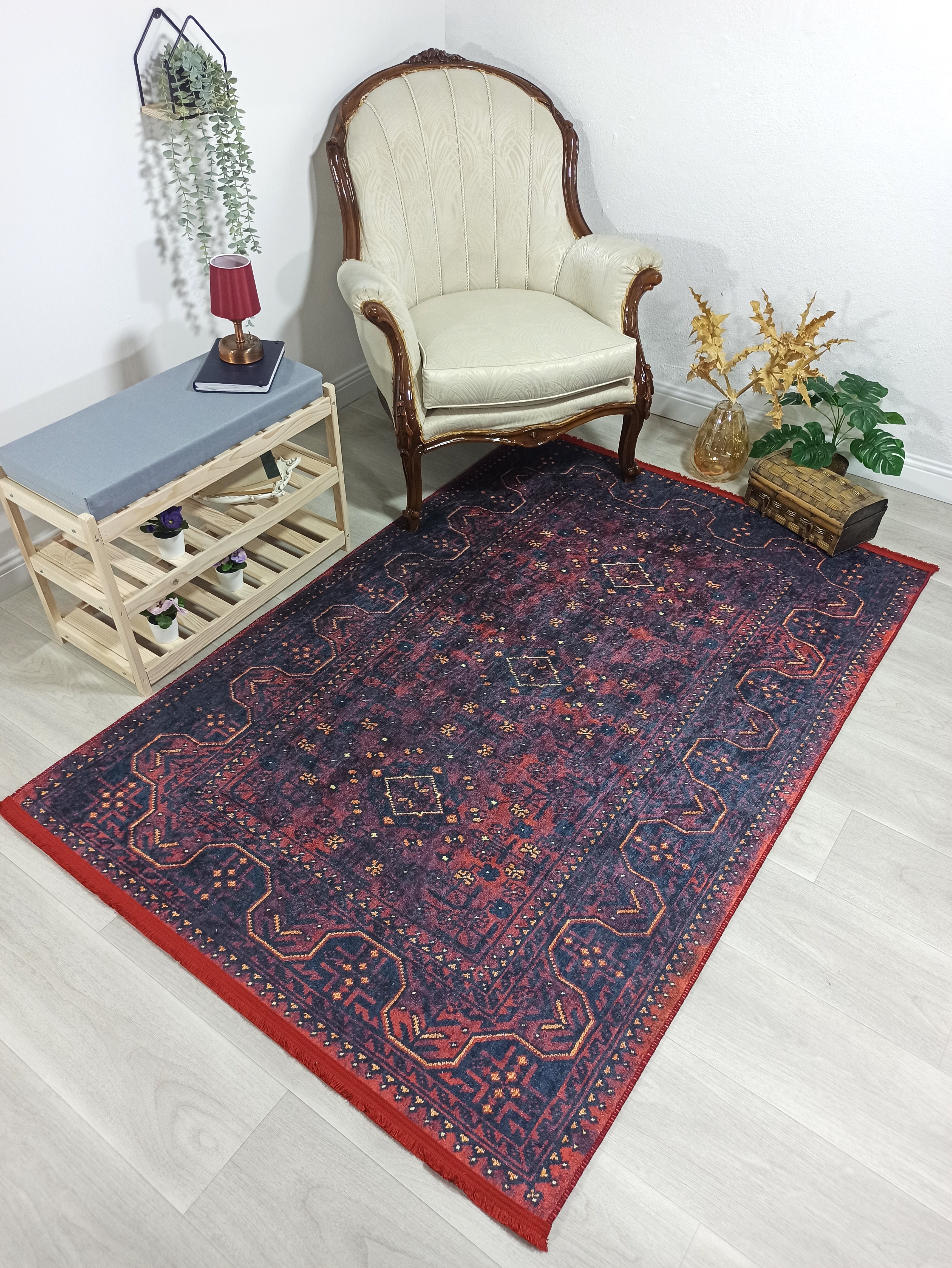 Turkish Oushak Traditional Mid-century Red Navy Blue Rug