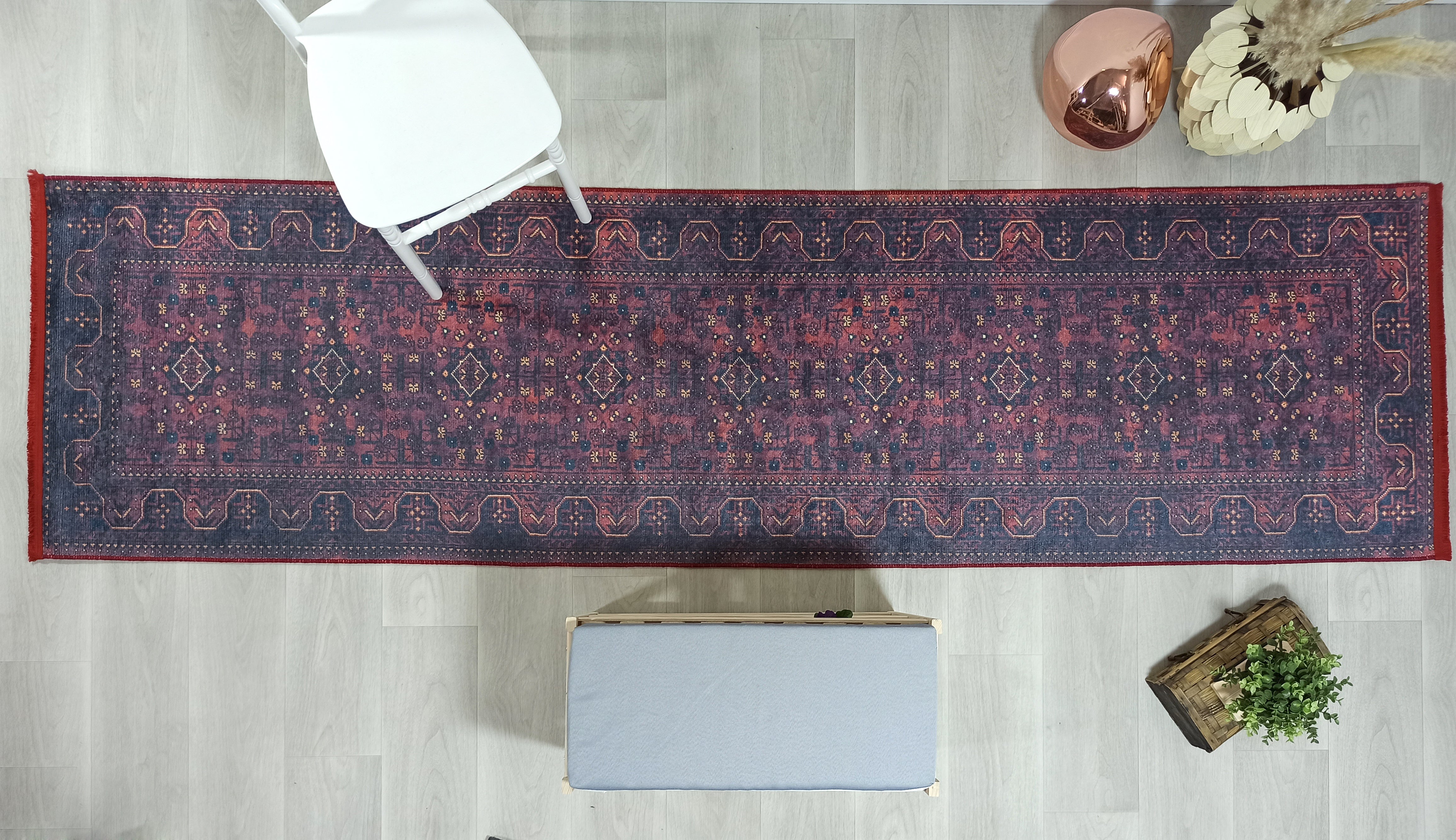 Turkish Oushak Traditional Mid-century Red Navy Blue Rug