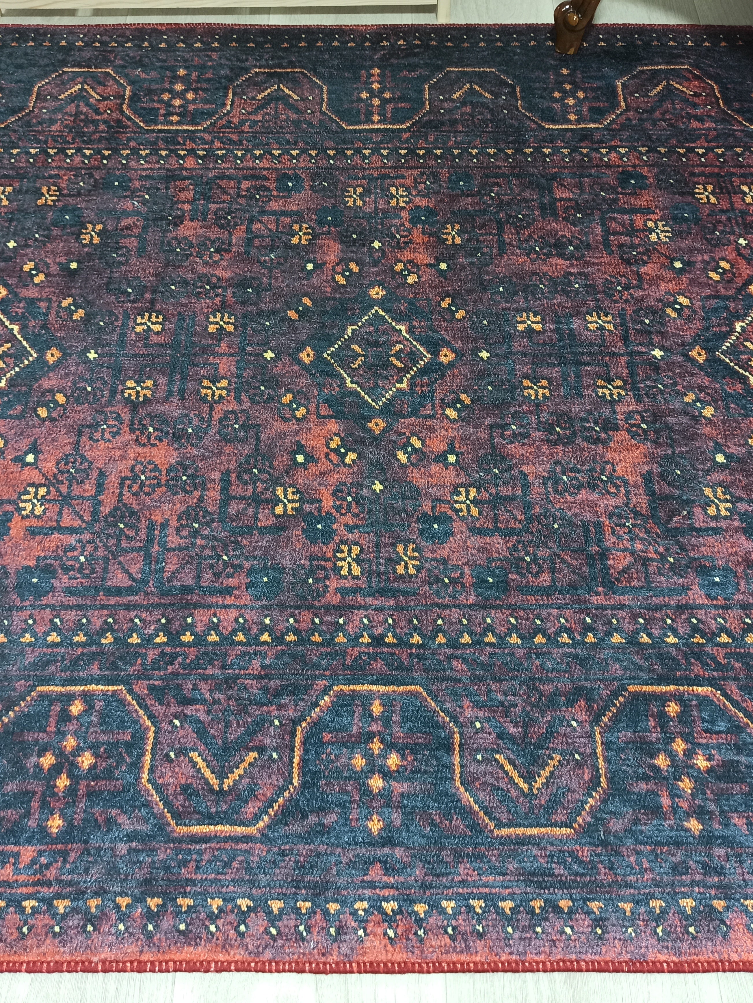 Turkish Oushak Traditional Mid-century Red Navy Blue Rug