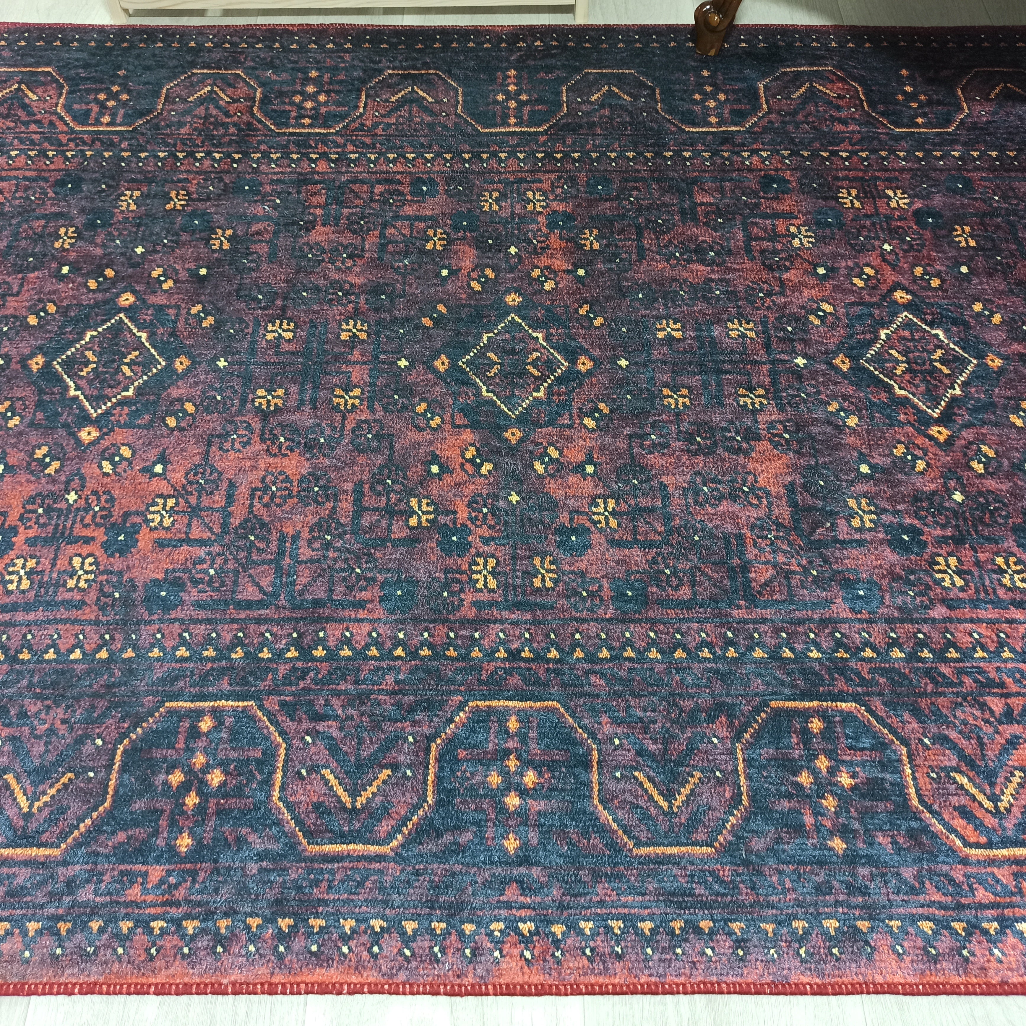 Turkish Oushak Traditional Mid-century Red Navy Blue Rug