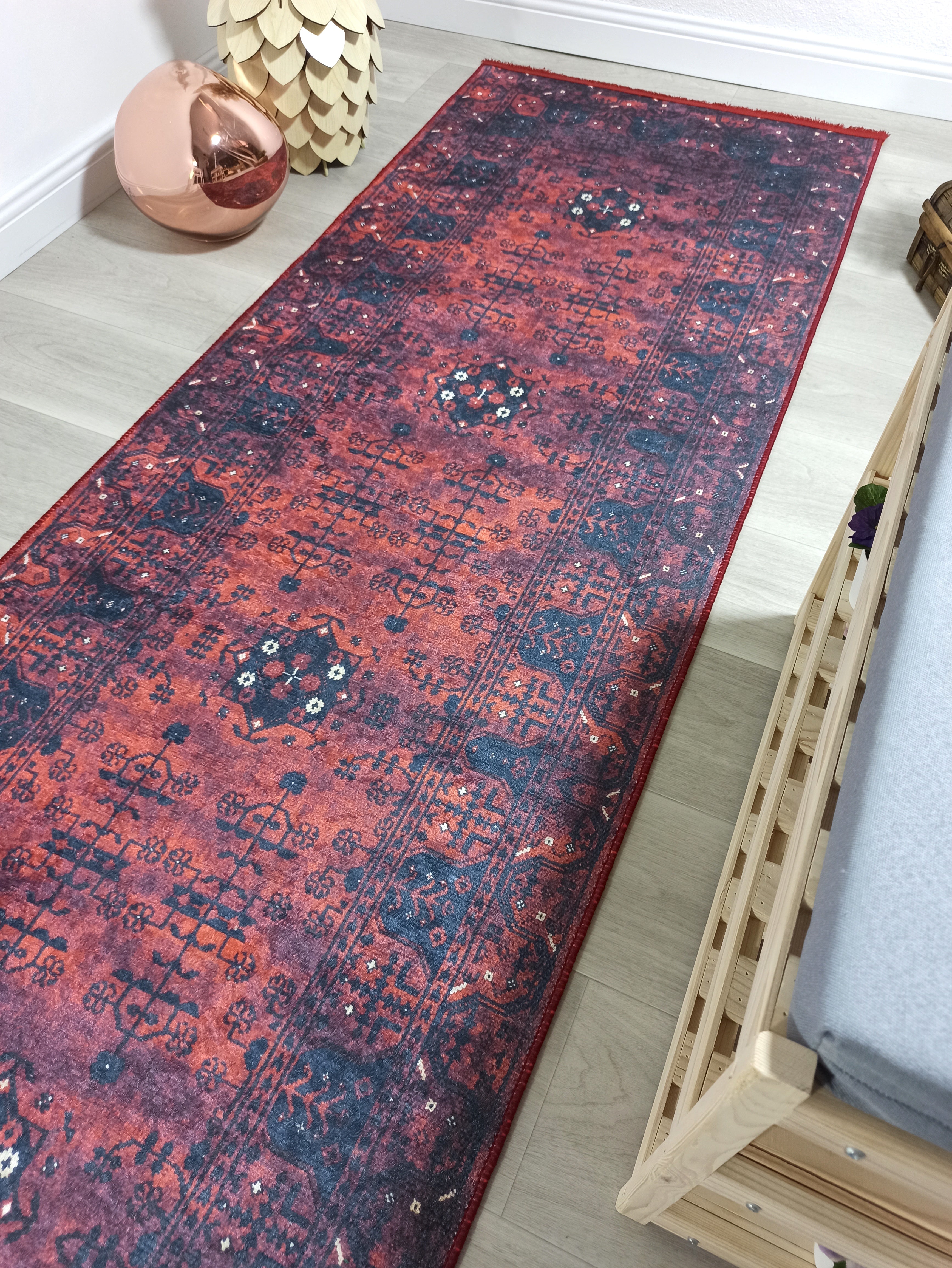 Turkish Oushak Farmhouse Decor Red Navy Blue Rug