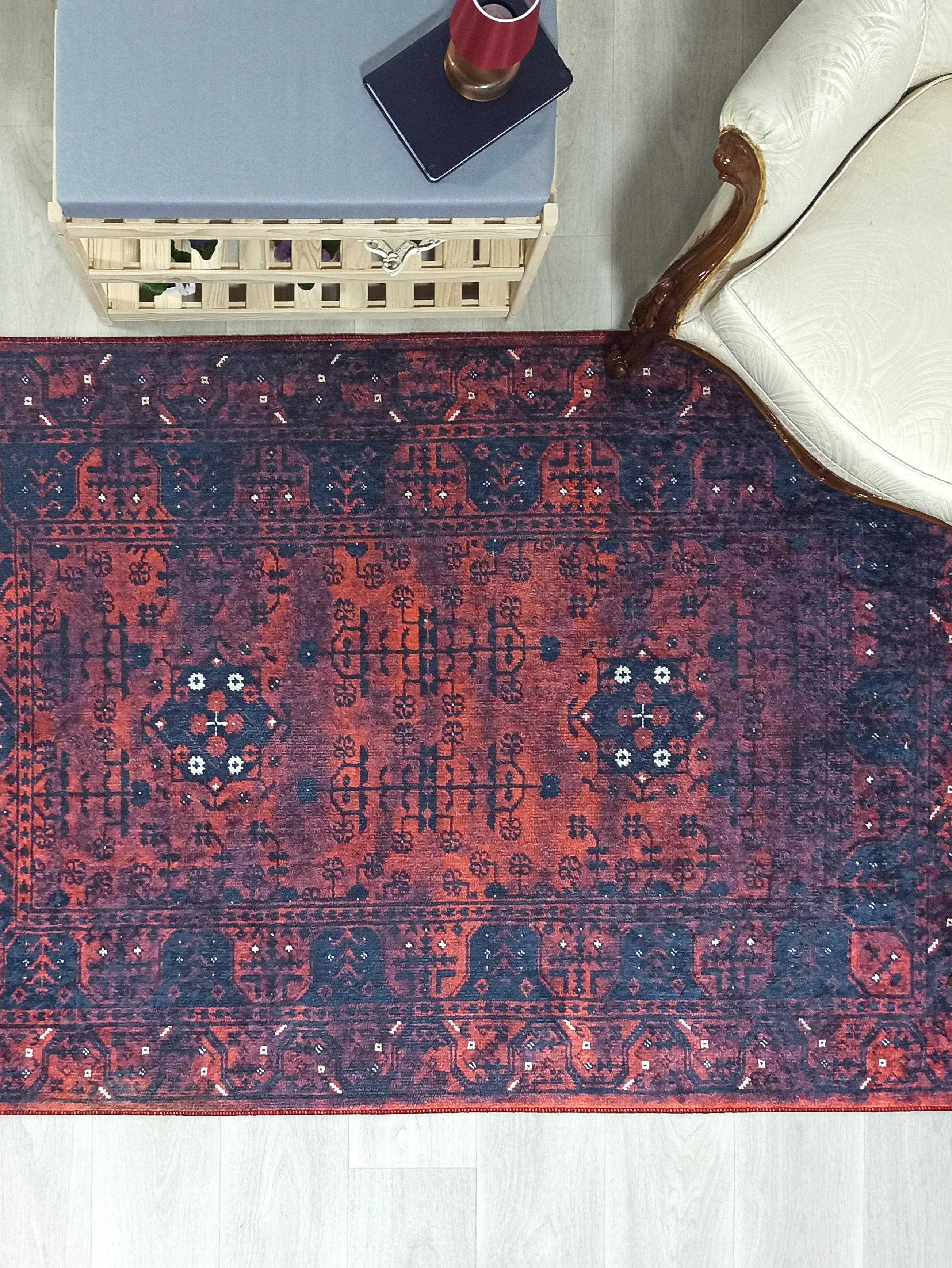 Turkish Oushak Farmhouse Decor Red Navy Blue Rug