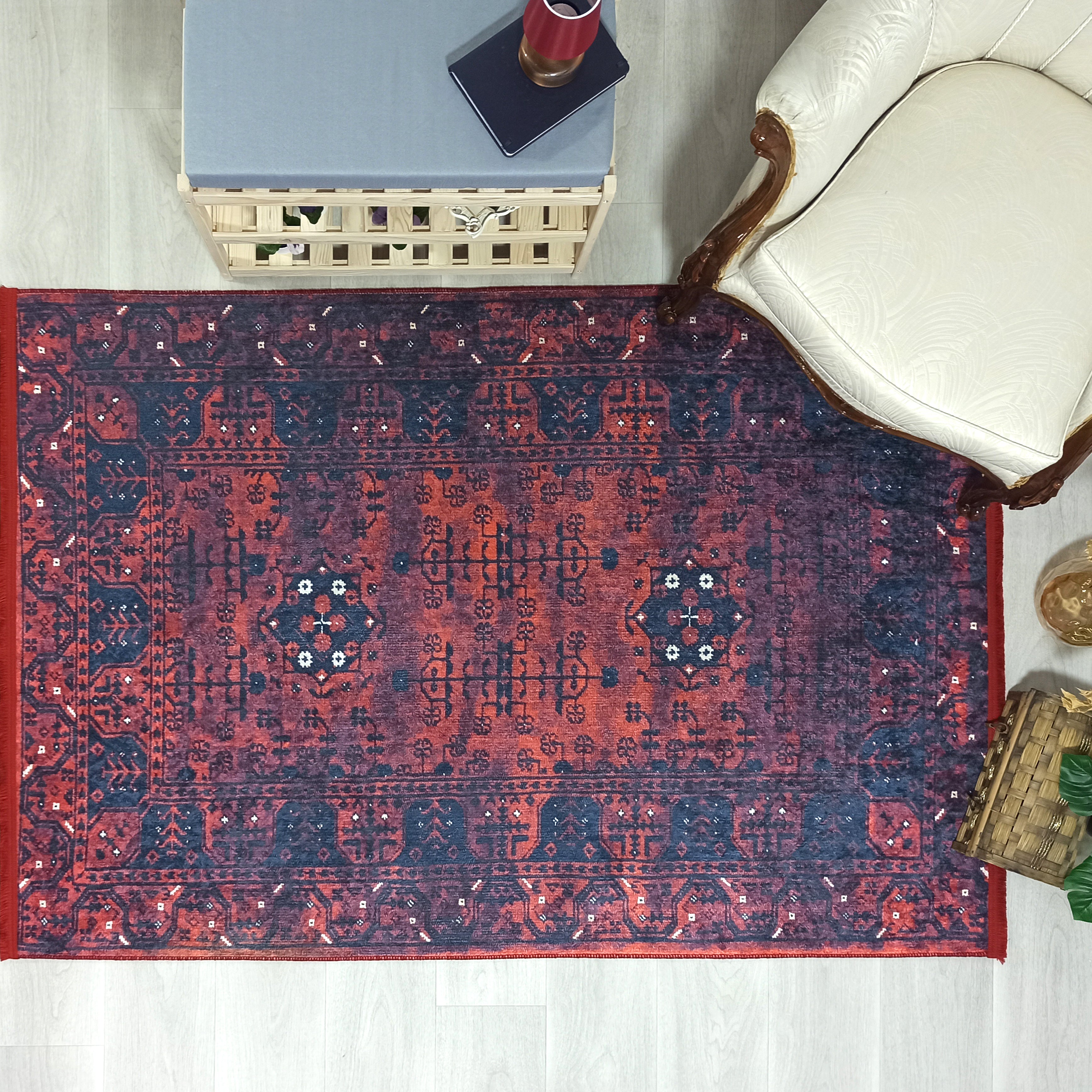 Turkish Oushak Farmhouse Decor Red Navy Blue Rug