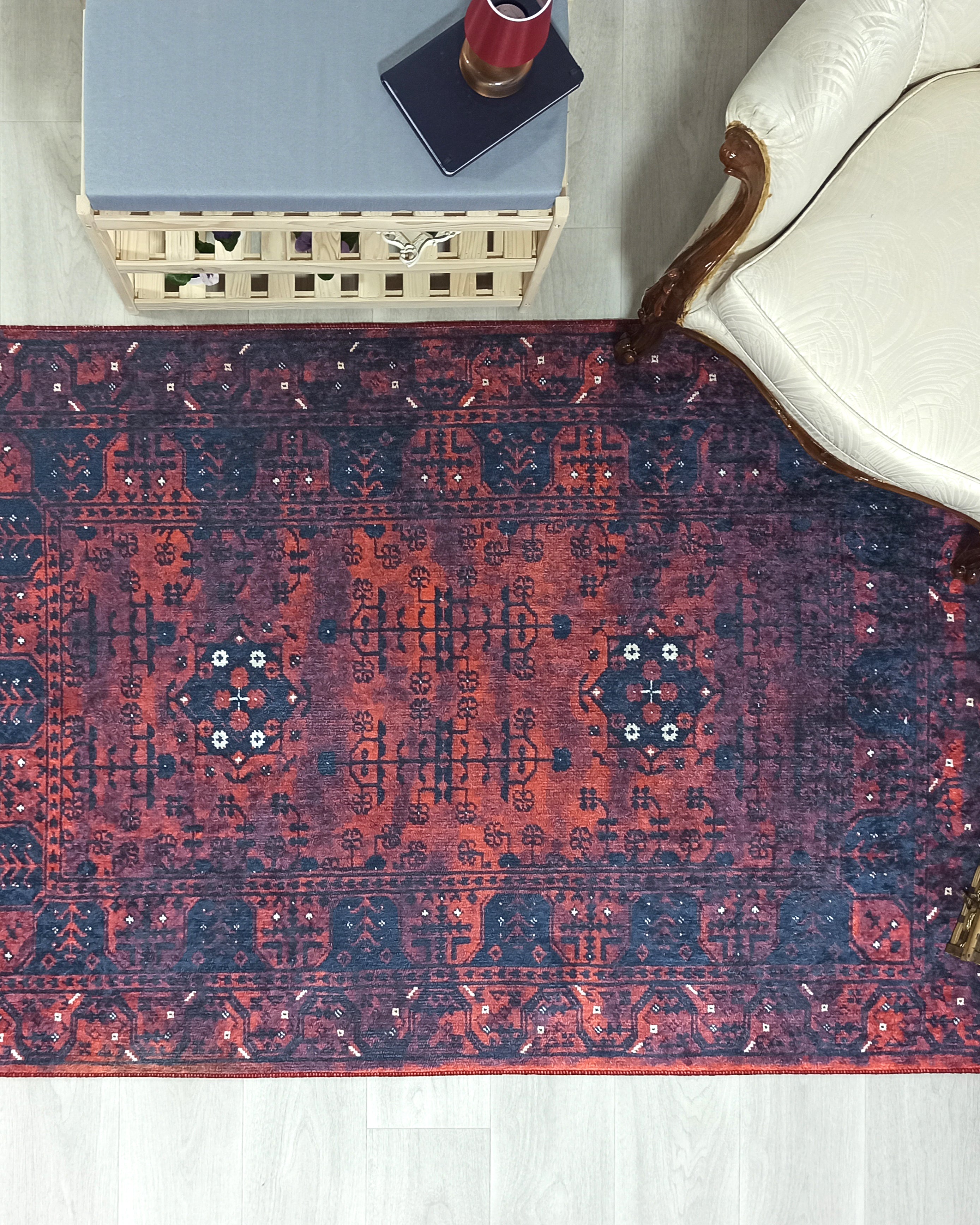Turkish Oushak Farmhouse Decor Red Navy Blue Rug
