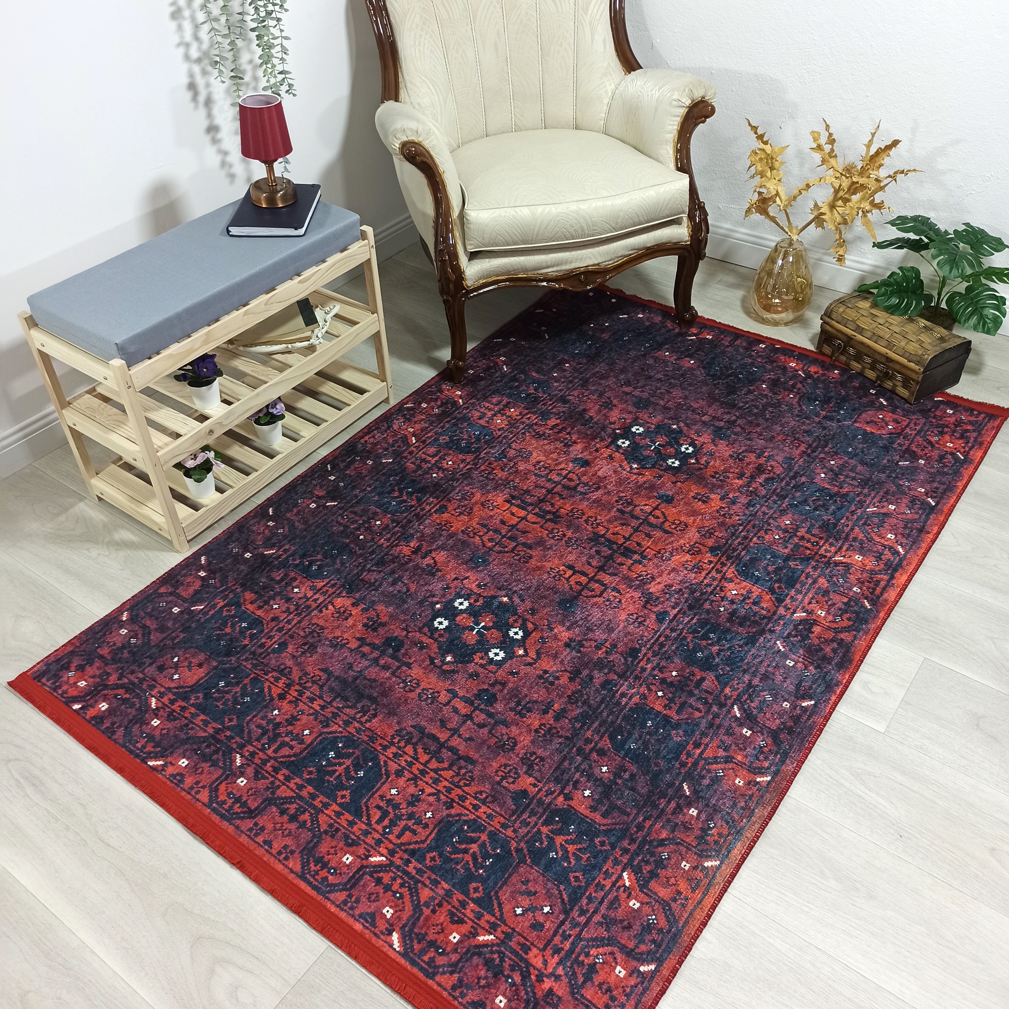 Turkish Oushak Farmhouse Decor Red Navy Blue Rug