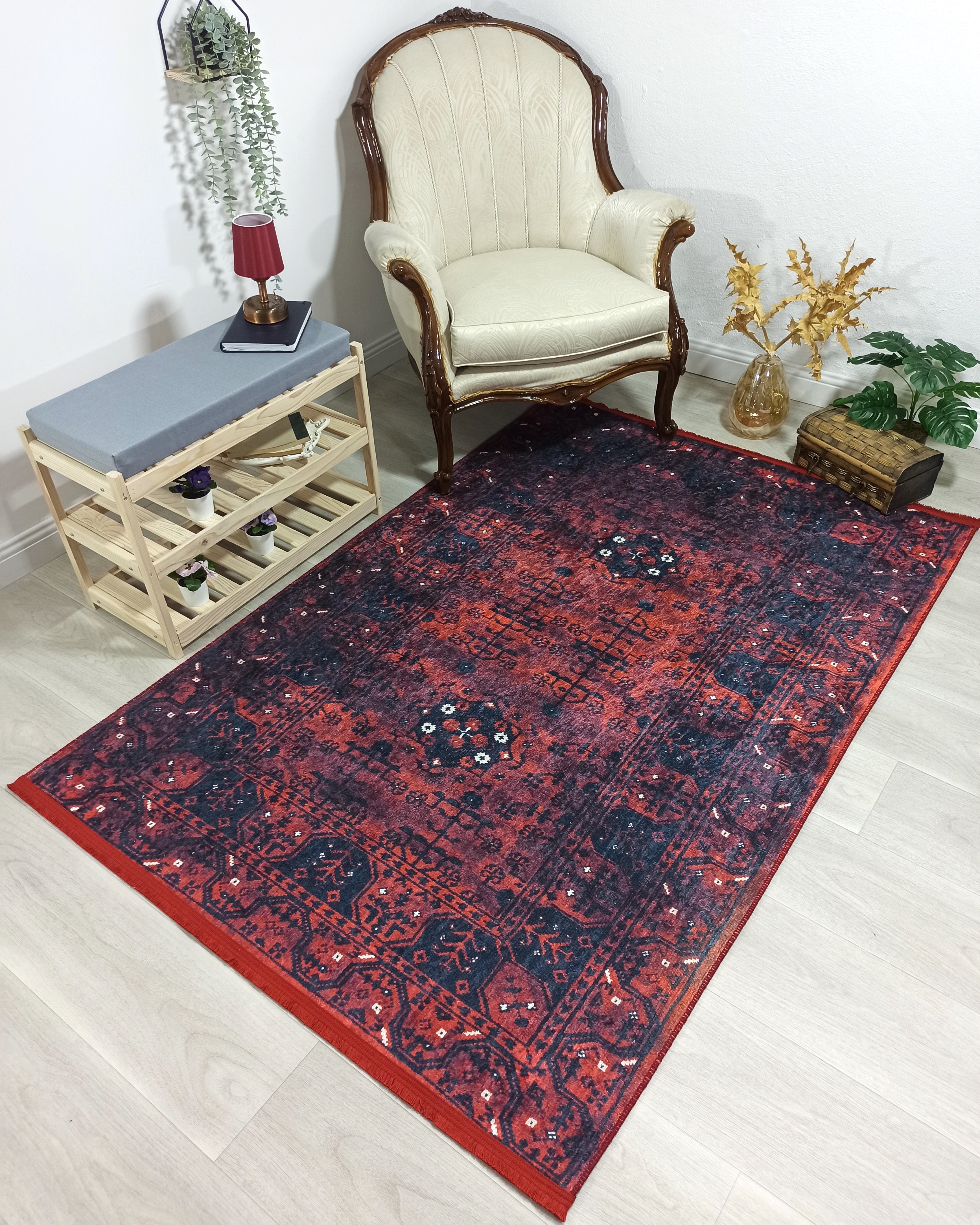 Turkish Oushak Farmhouse Decor Red Navy Blue Rug