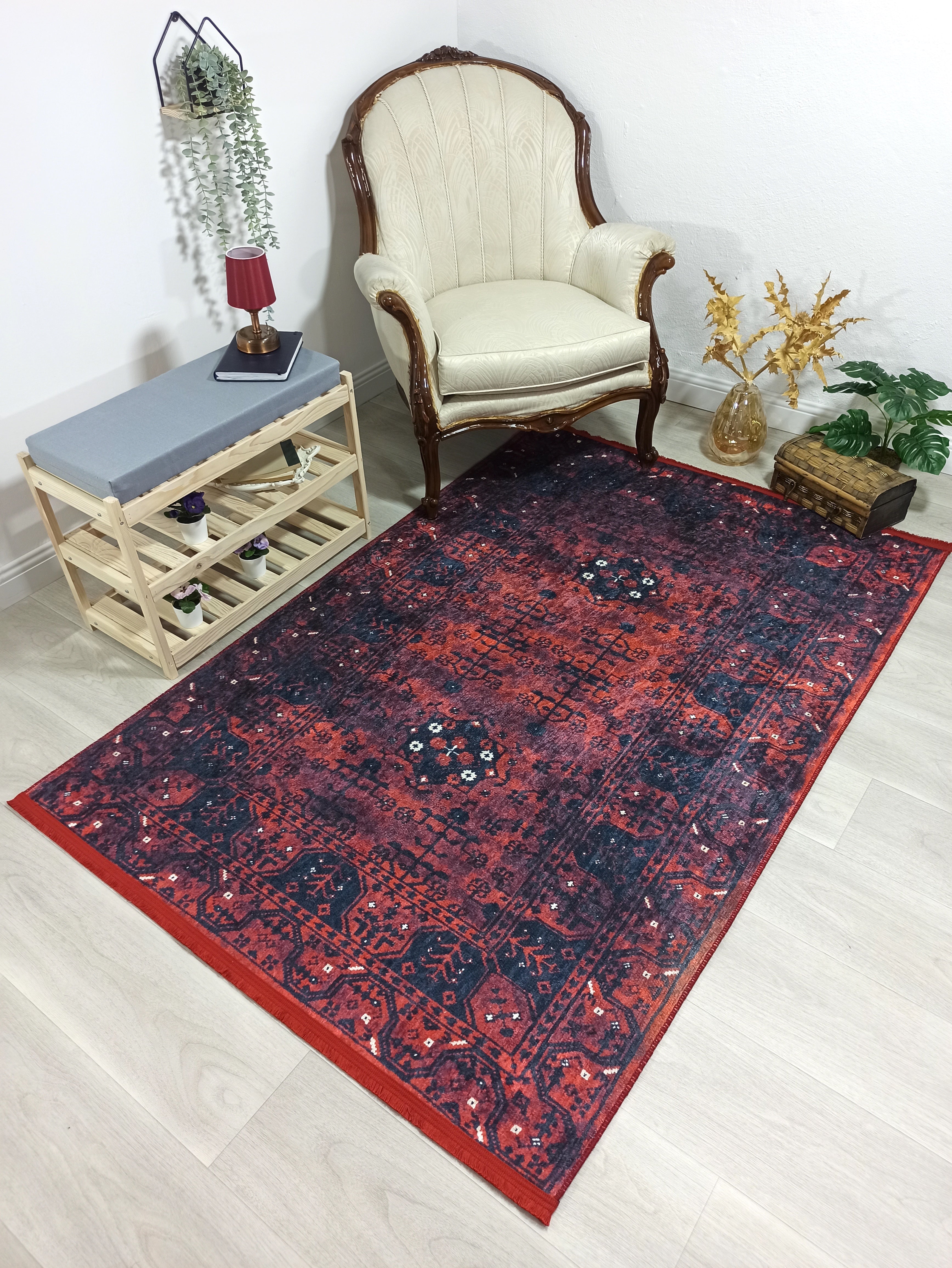 Turkish Oushak Farmhouse Decor Red Navy Blue Rug