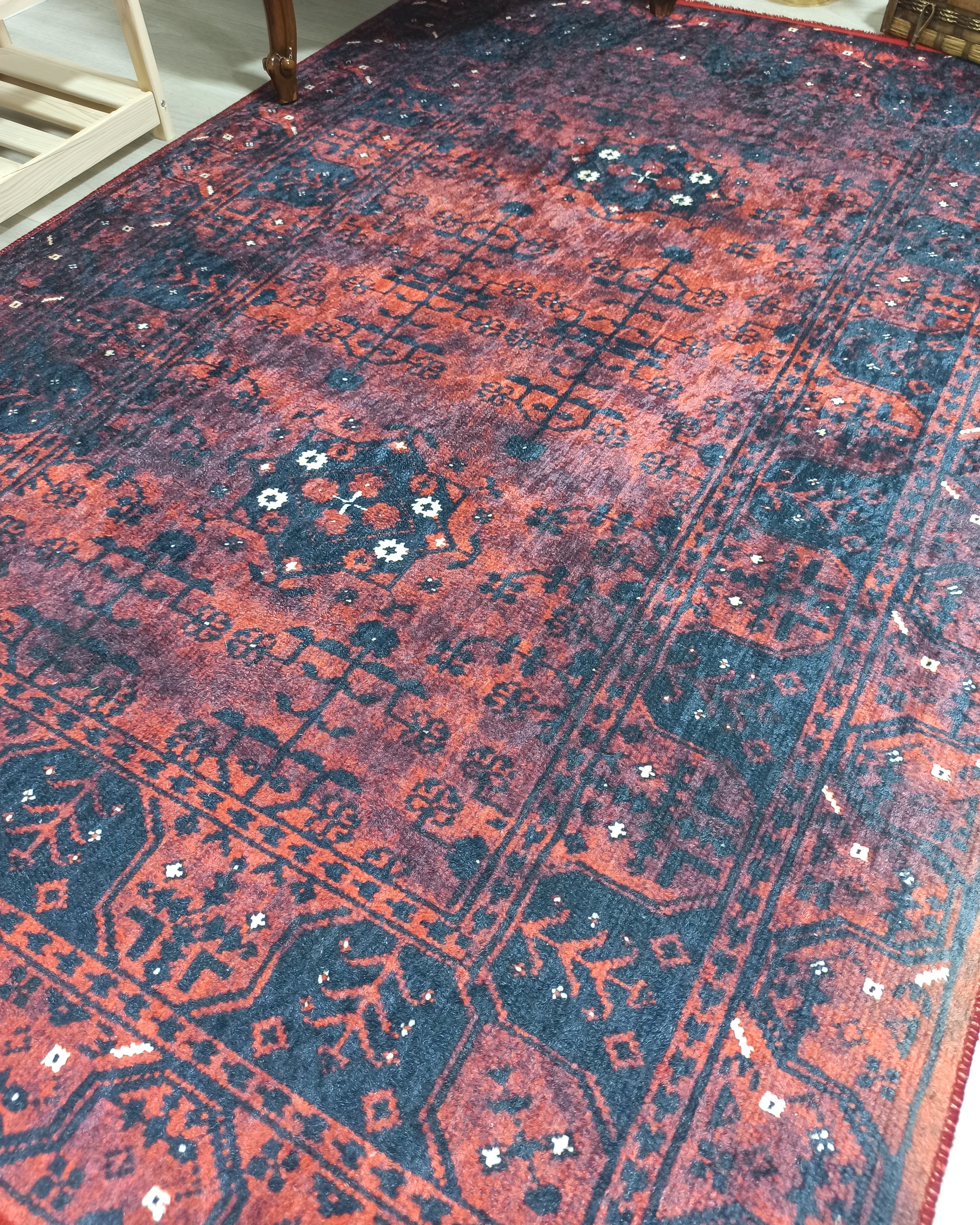 Turkish Oushak Farmhouse Decor Red Navy Blue Rug