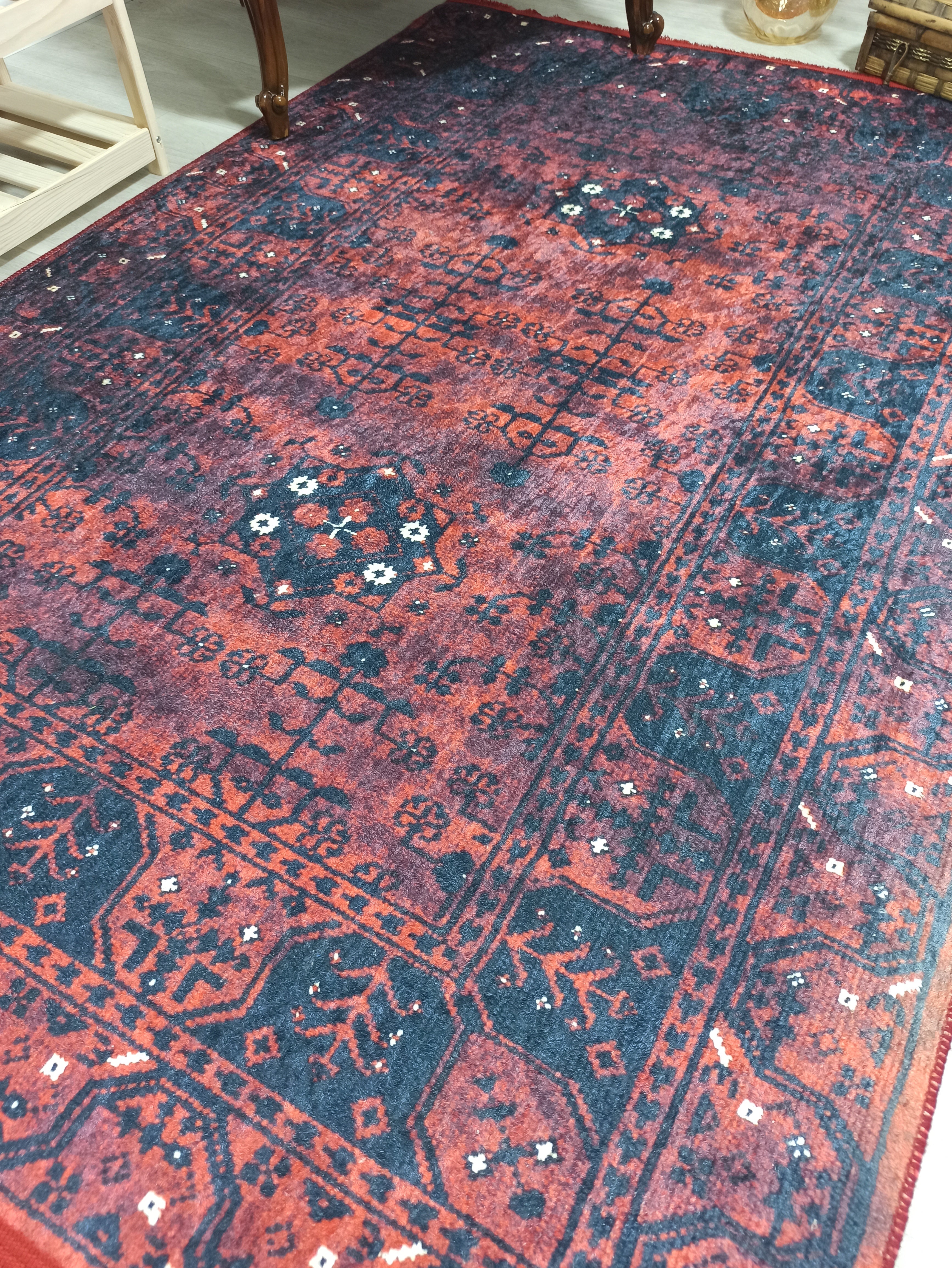 Turkish Oushak Farmhouse Decor Red Navy Blue Rug