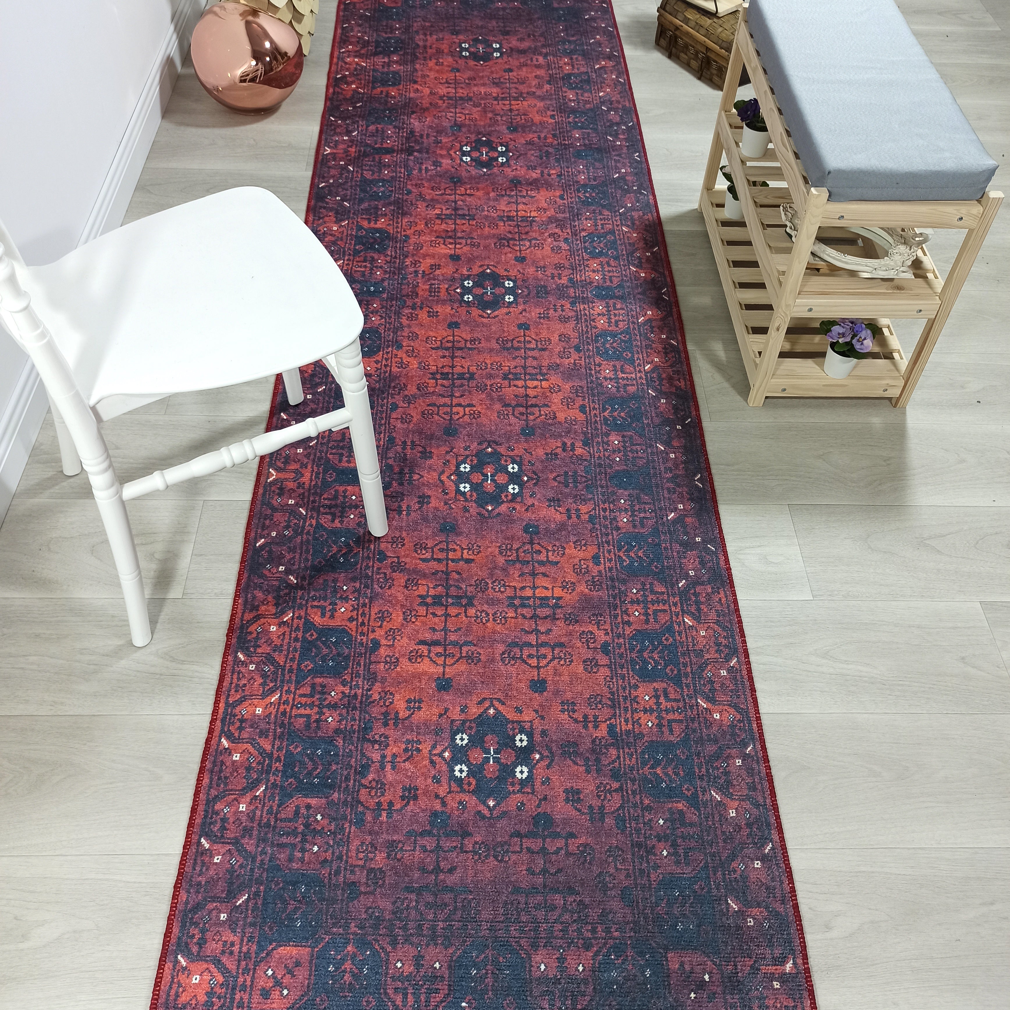 Turkish Oushak Farmhouse Decor Red Navy Blue Rug