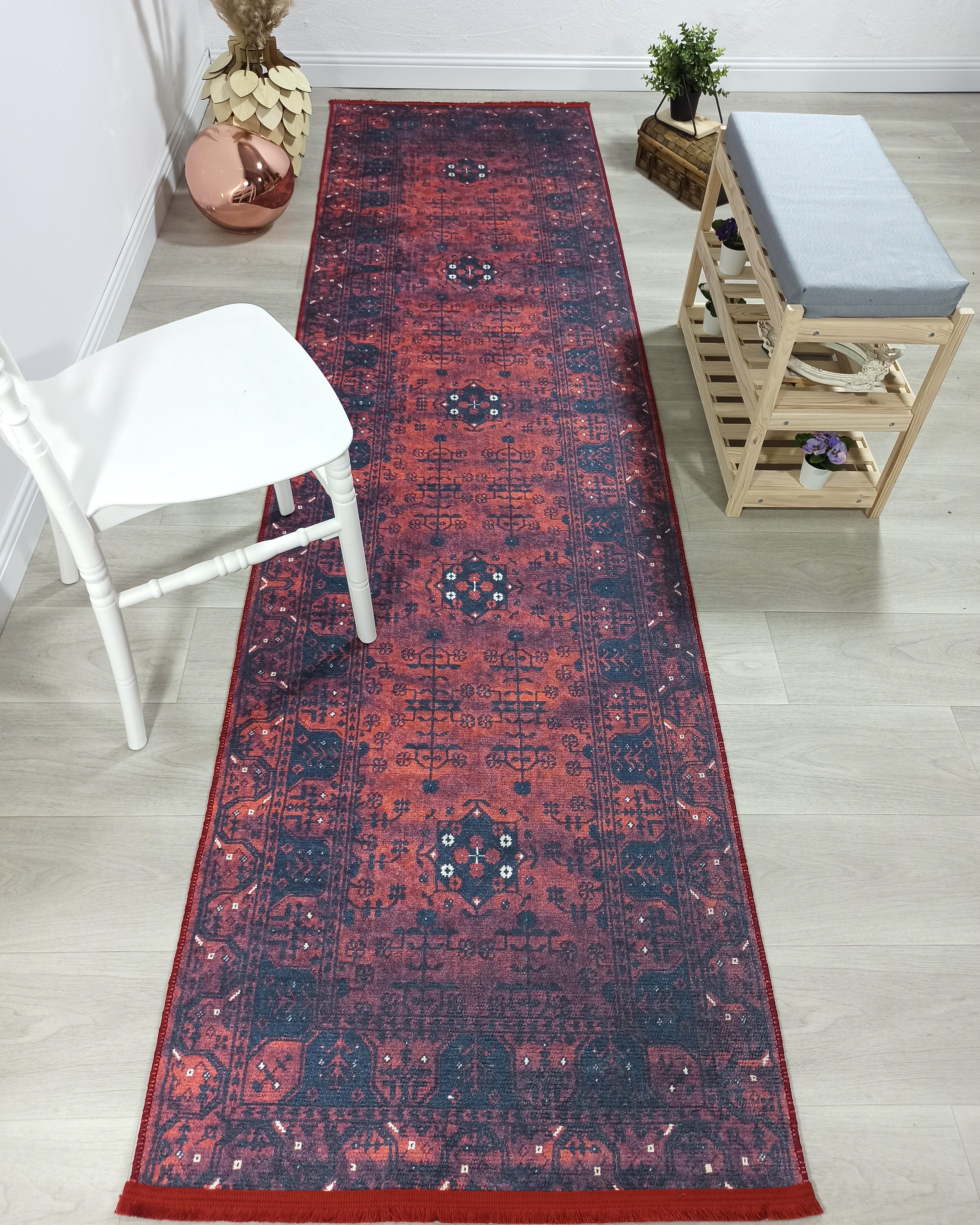 Turkish Oushak Farmhouse Decor Red Navy Blue Rug