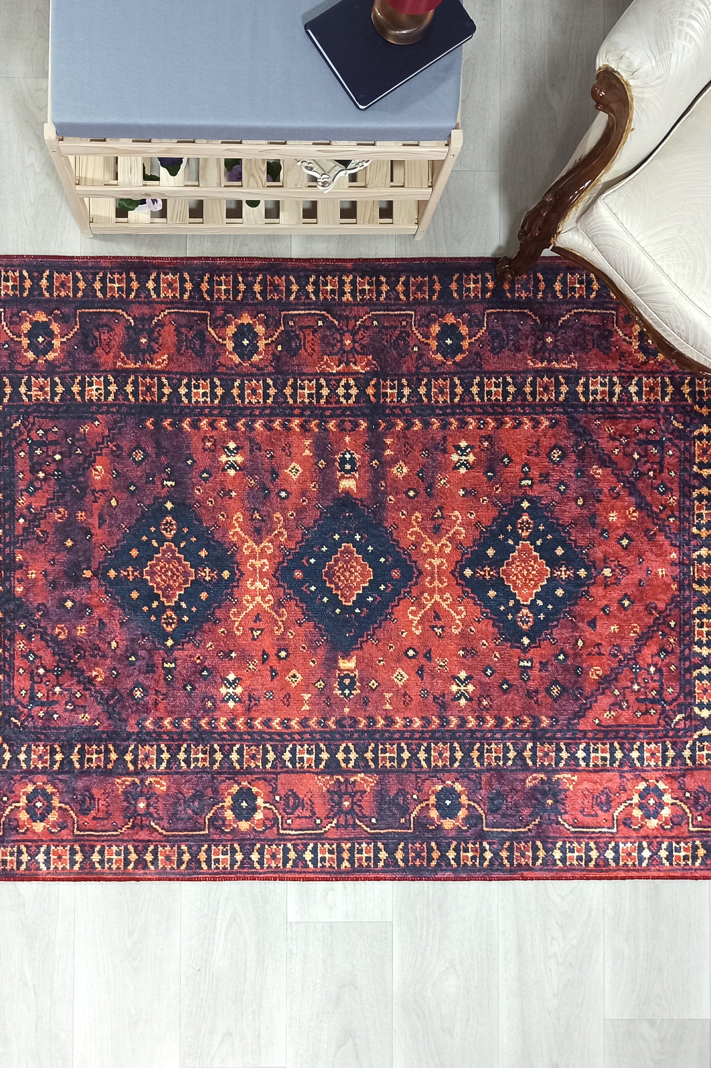 Turkish Oriental Design Red Navy Blue Rug