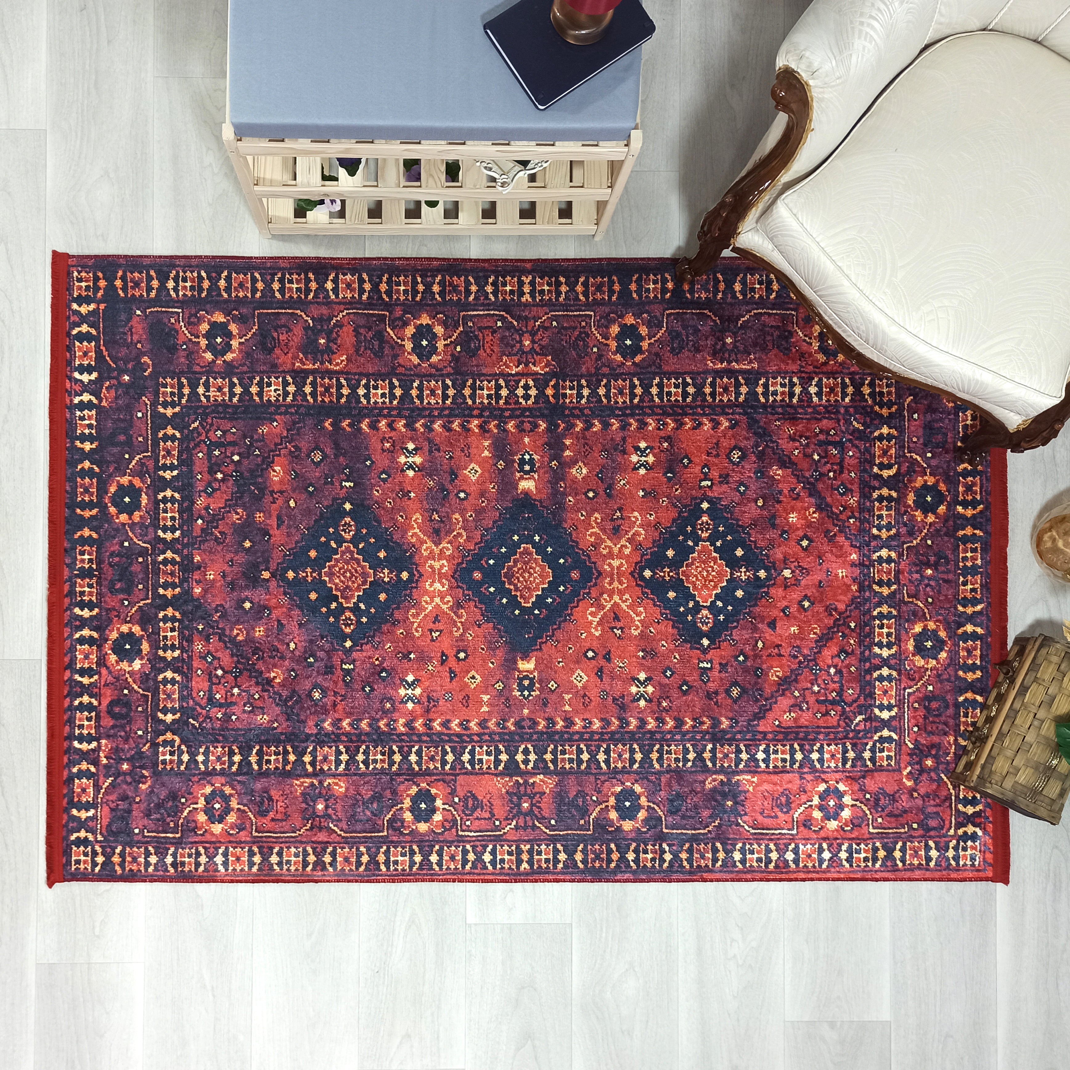 Turkish Oriental Design Red Navy Blue Rug