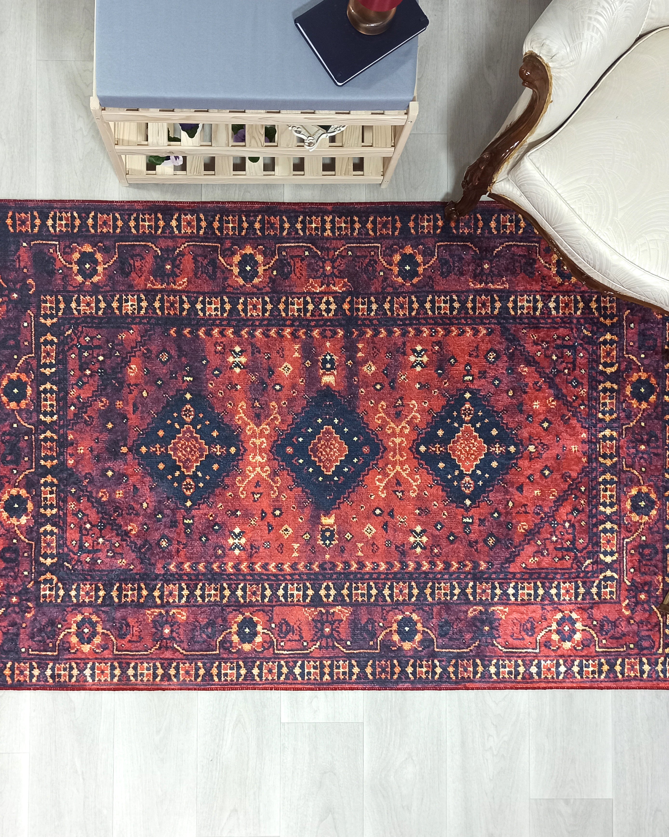 Turkish Oriental Design Red Navy Blue Rug