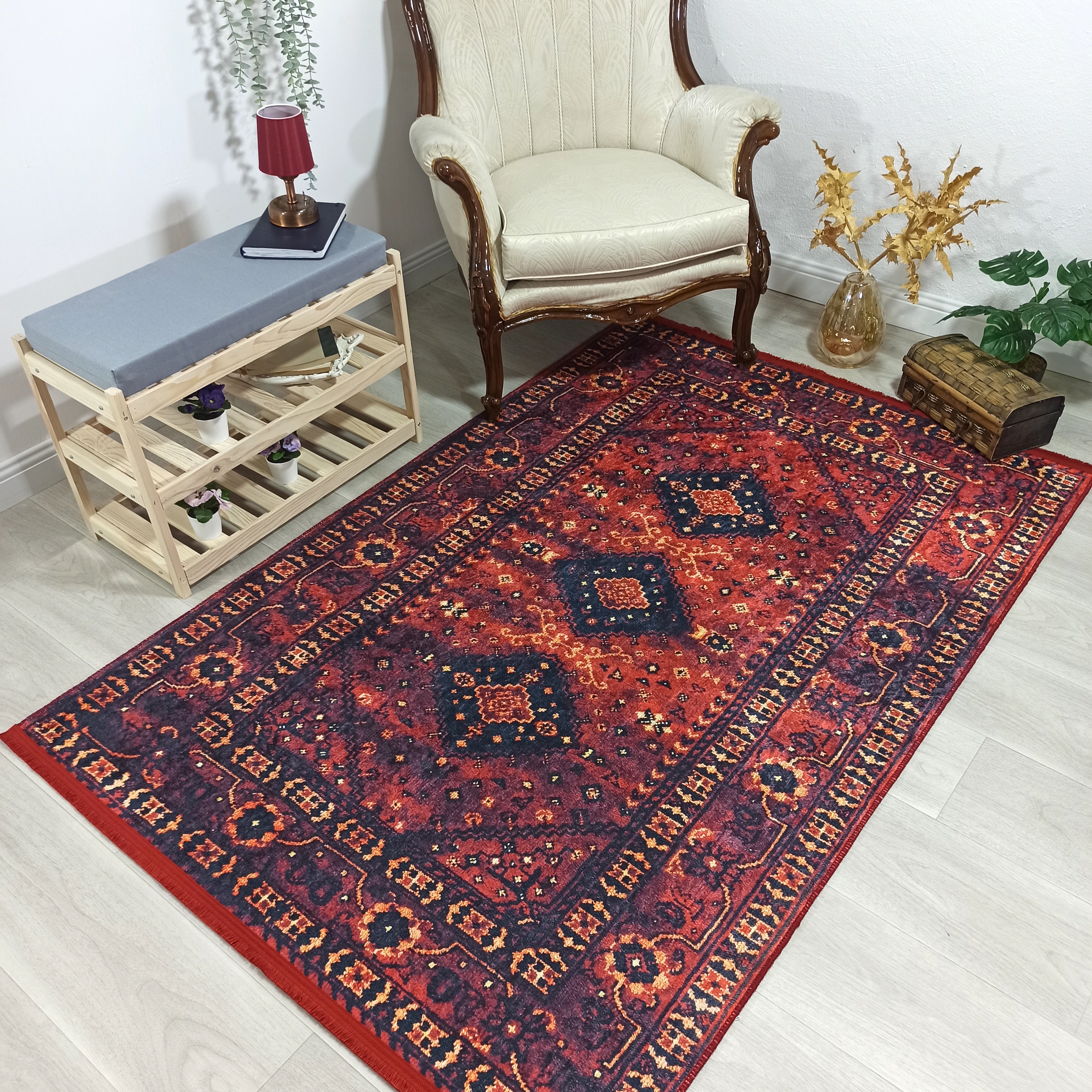 Turkish Oriental Design Red Navy Blue Rug