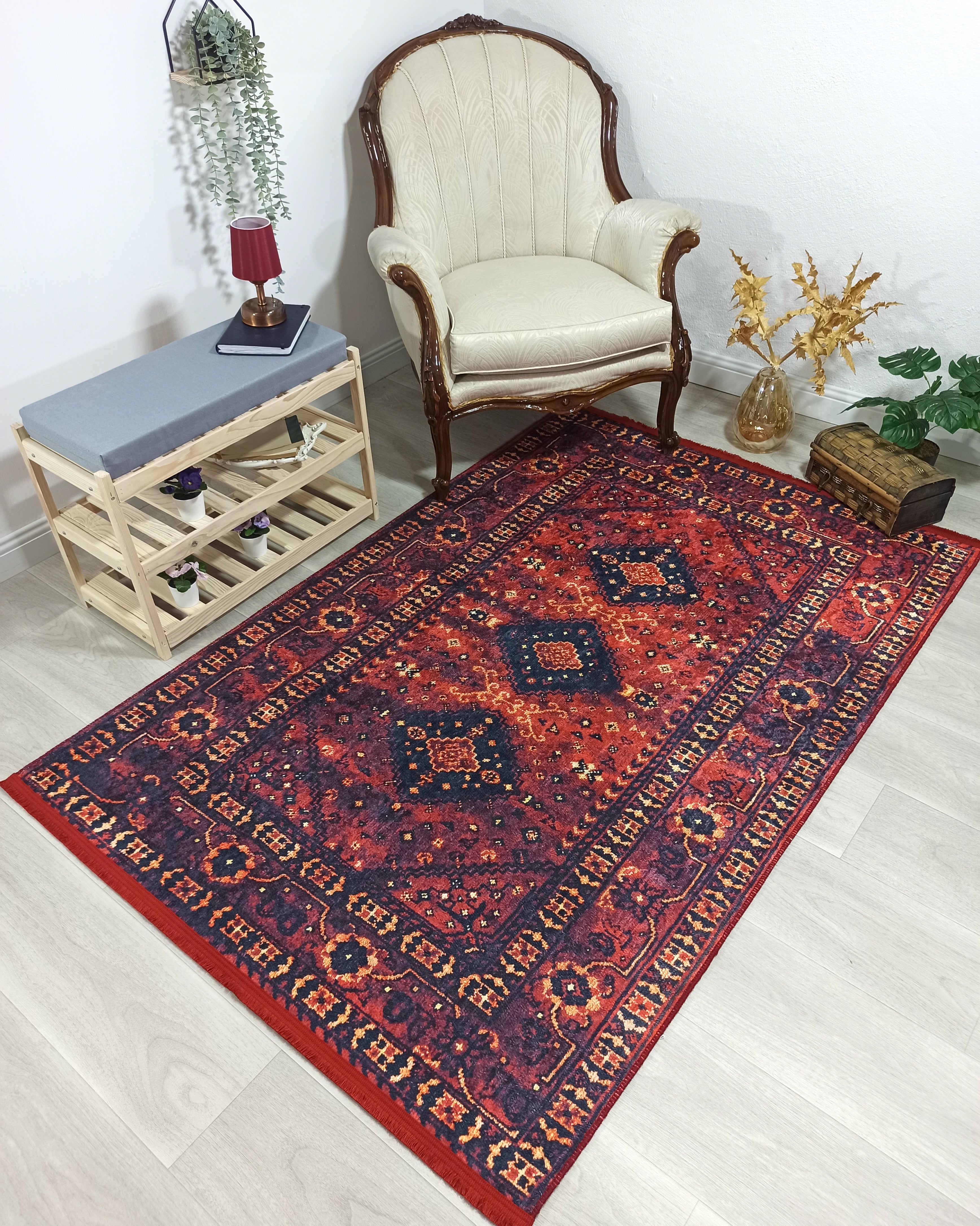 Turkish Oriental Design Red Navy Blue Rug