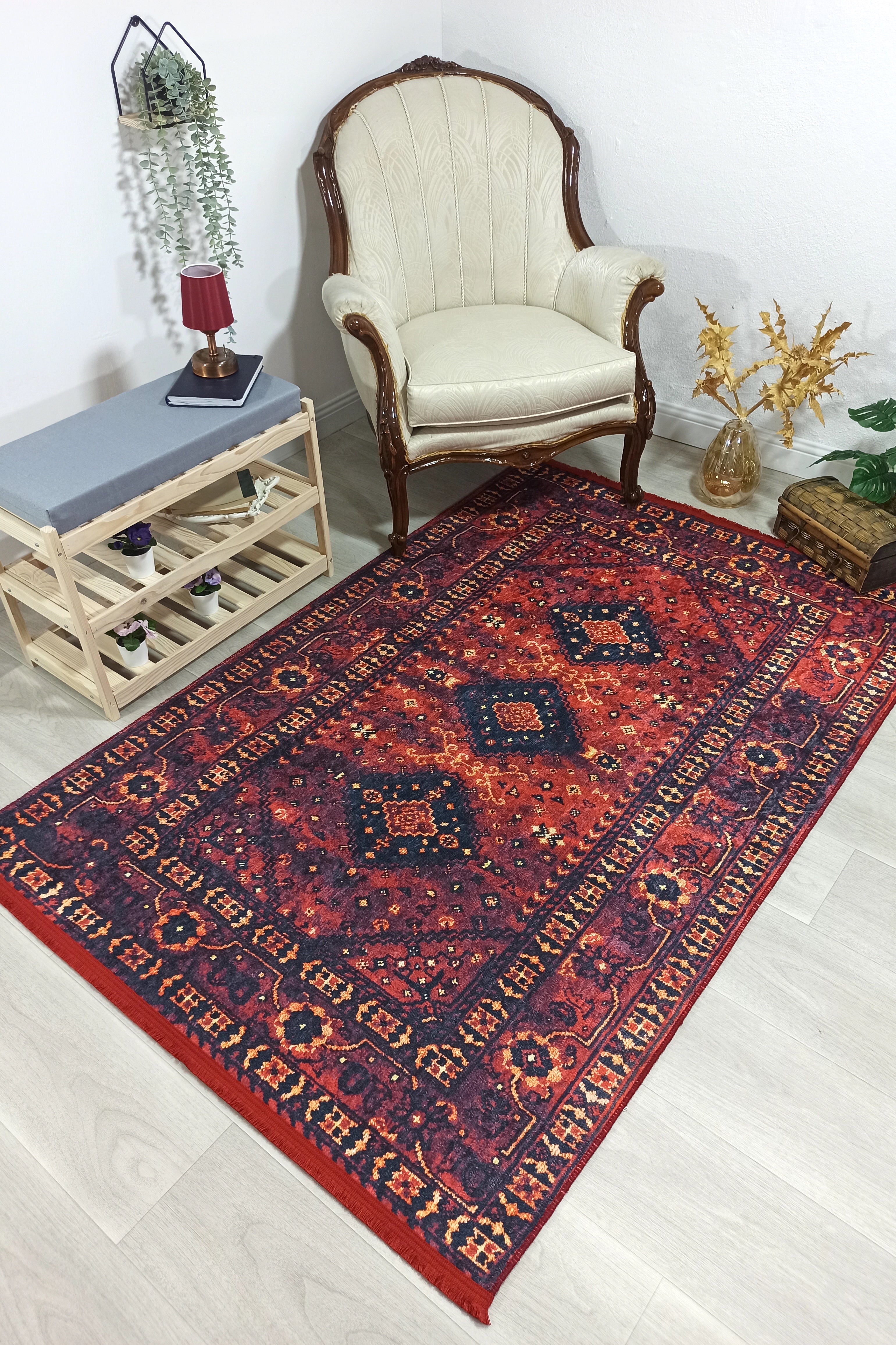 Turkish Oriental Design Red Navy Blue Rug
