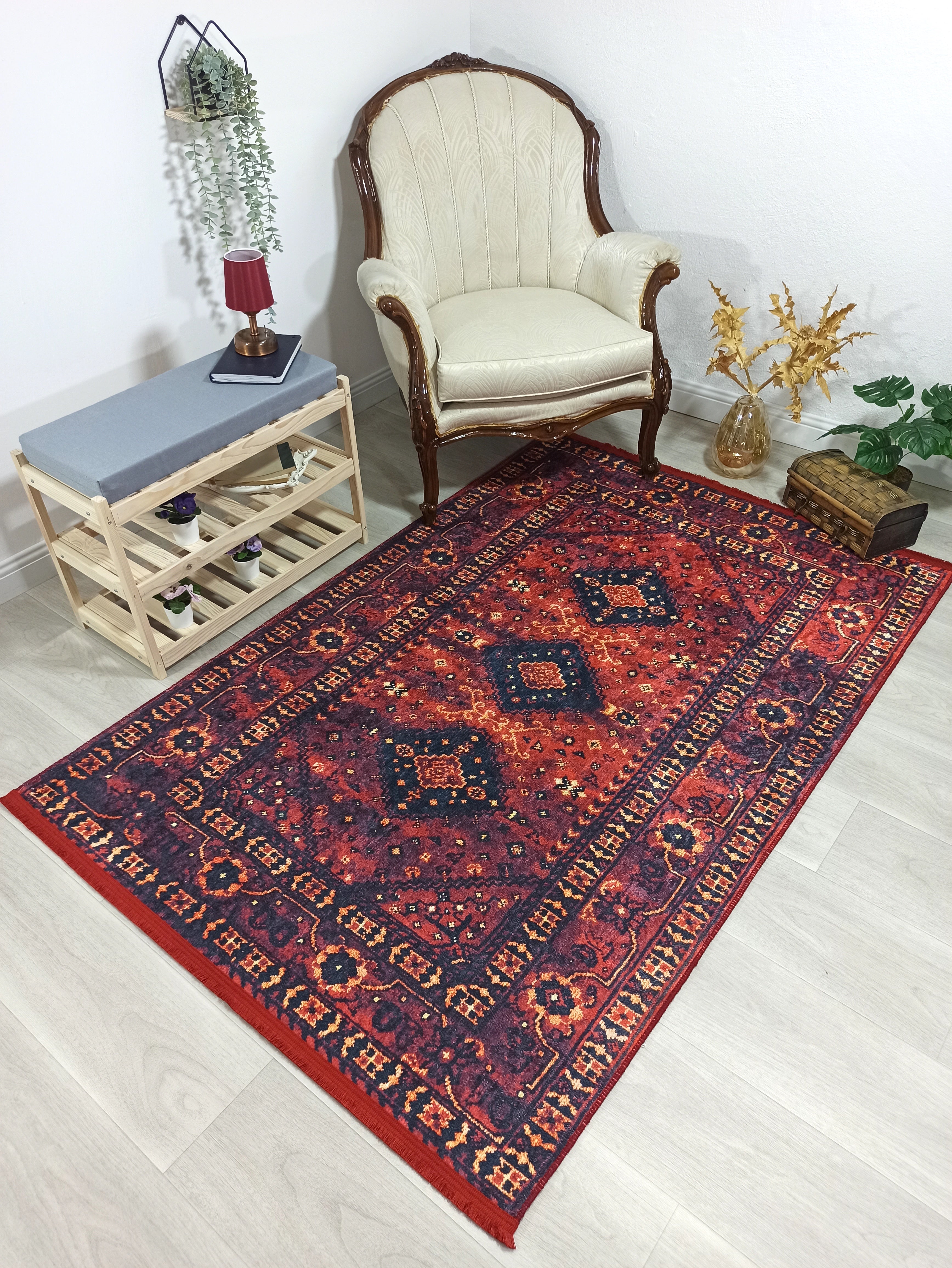Turkish Oriental Design Red Navy Blue Rug