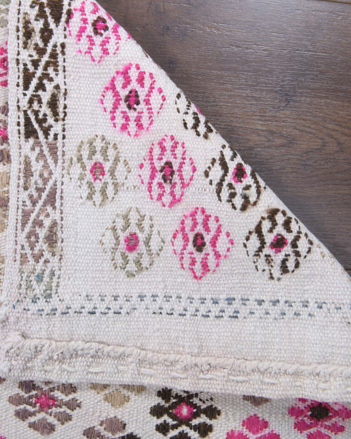 Theippa runner: 1970s handwoven flatweave Anatolian runner with oriental motifs and cotton backing
