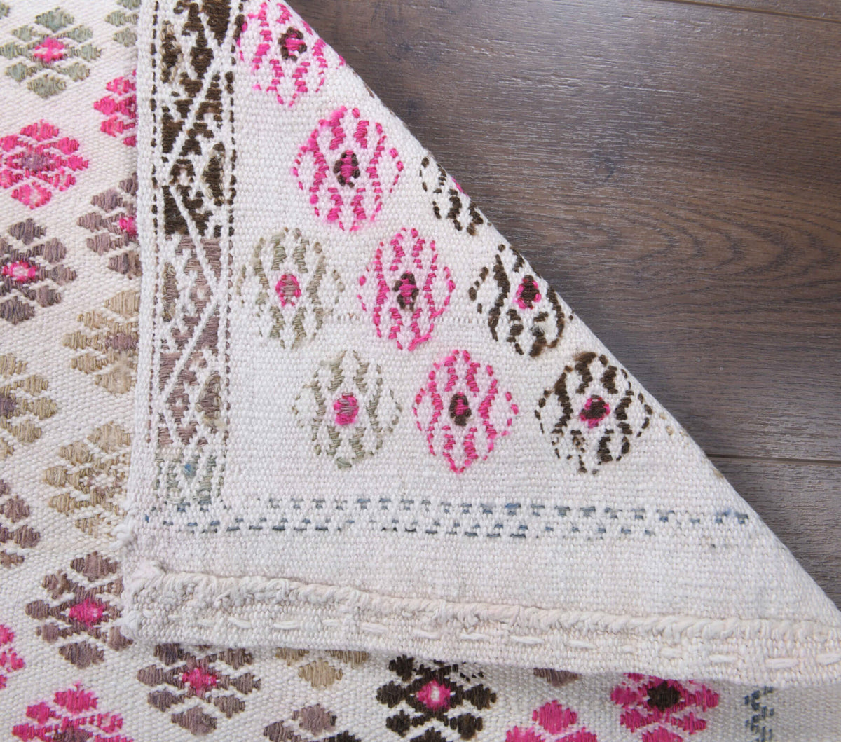 Theippa runner: 1970s handwoven flatweave Anatolian runner with oriental motifs and cotton backing