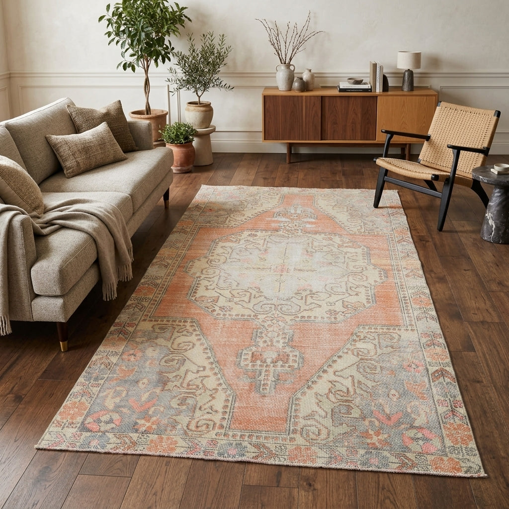 Oriental pattern on the Ruhefruz Alanna antique washed vintage area rug – handmade in the Persian region