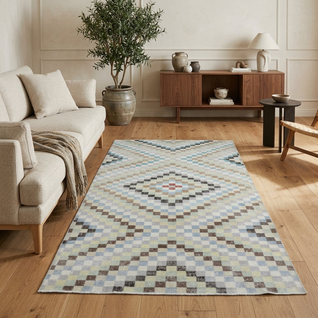 Checkered pattern on the Rhodotima Alanur retro vintage area rug – handmade in Turkey