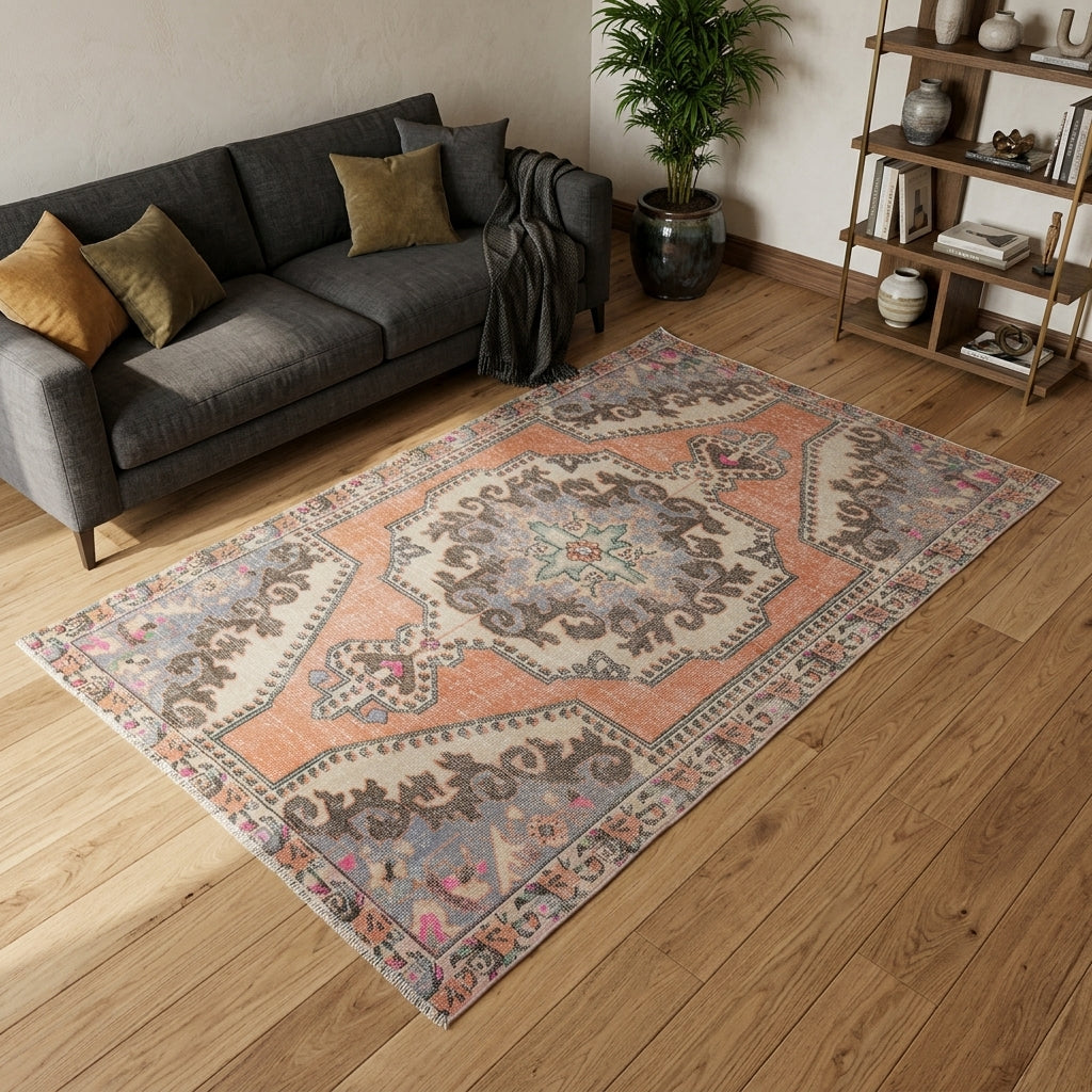 Tribal and oriental pattern on the Rhodophrosyne Alapinar vintage area rug – handmade in the Persian region