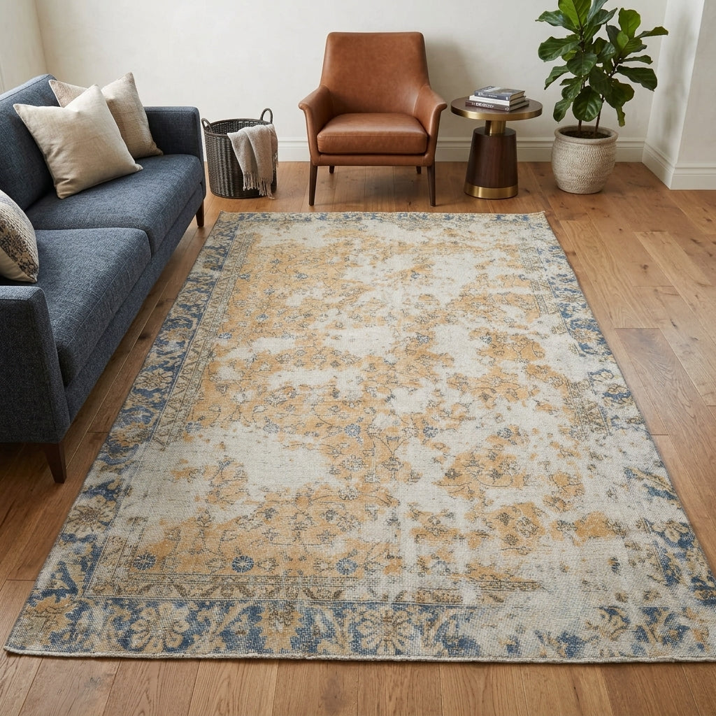 Floral pattern on the Kevsernihal Bernardine distressed vintage area rug – handmade in Anatolia, Turkey