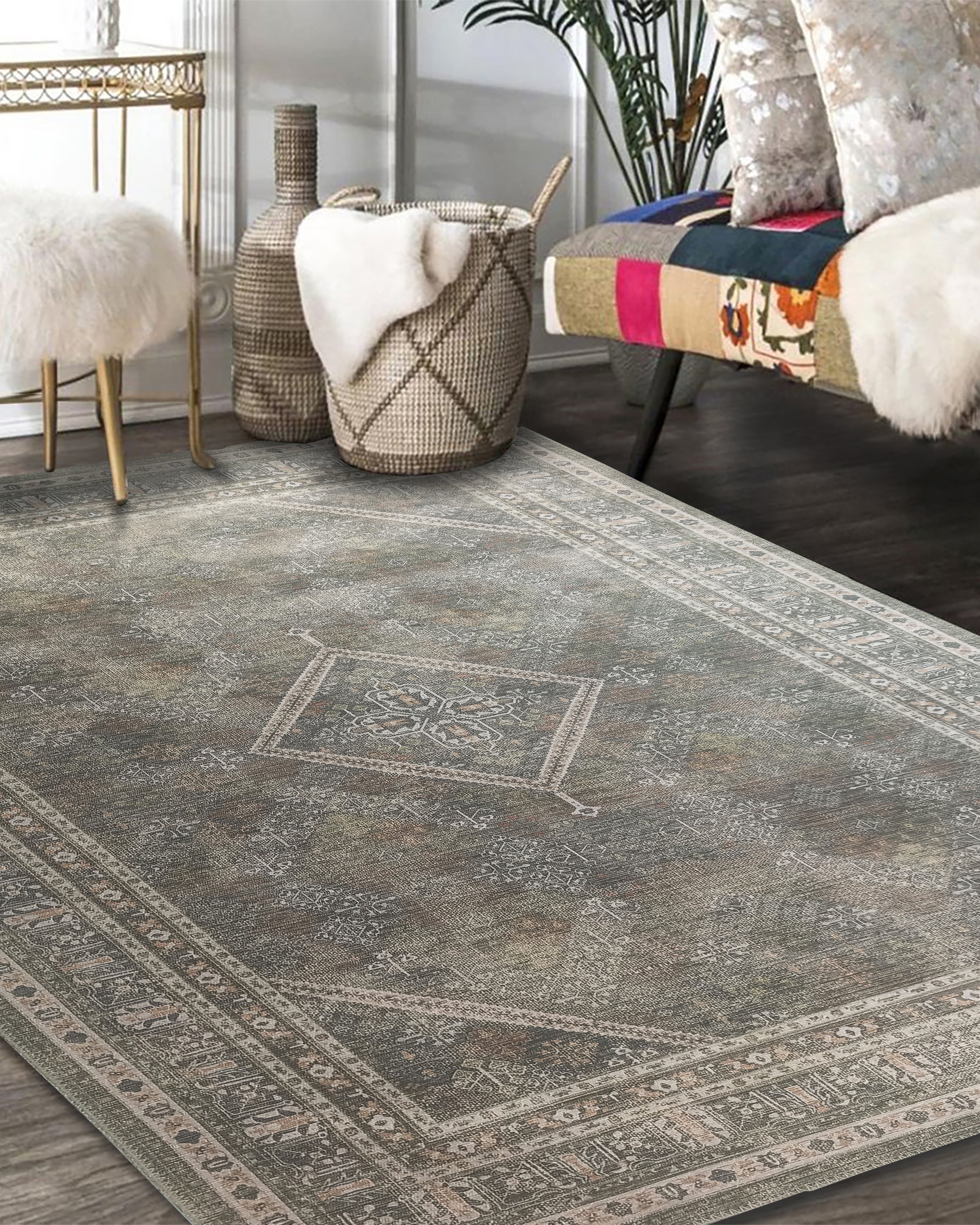 Nila Turkish Vintage Geometric Green & Olive Rug