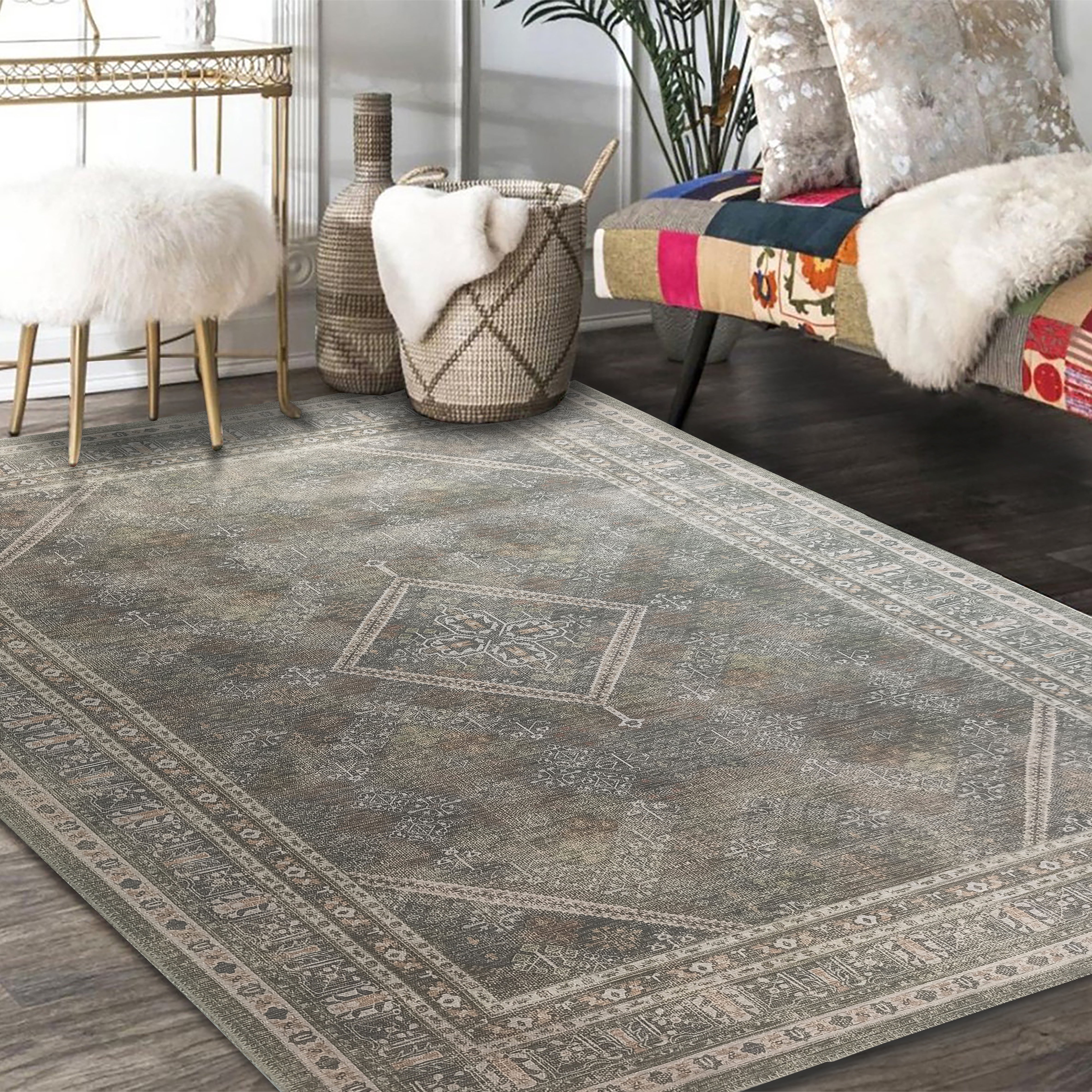 Nila Turkish Vintage Geometric Green & Olive Rug