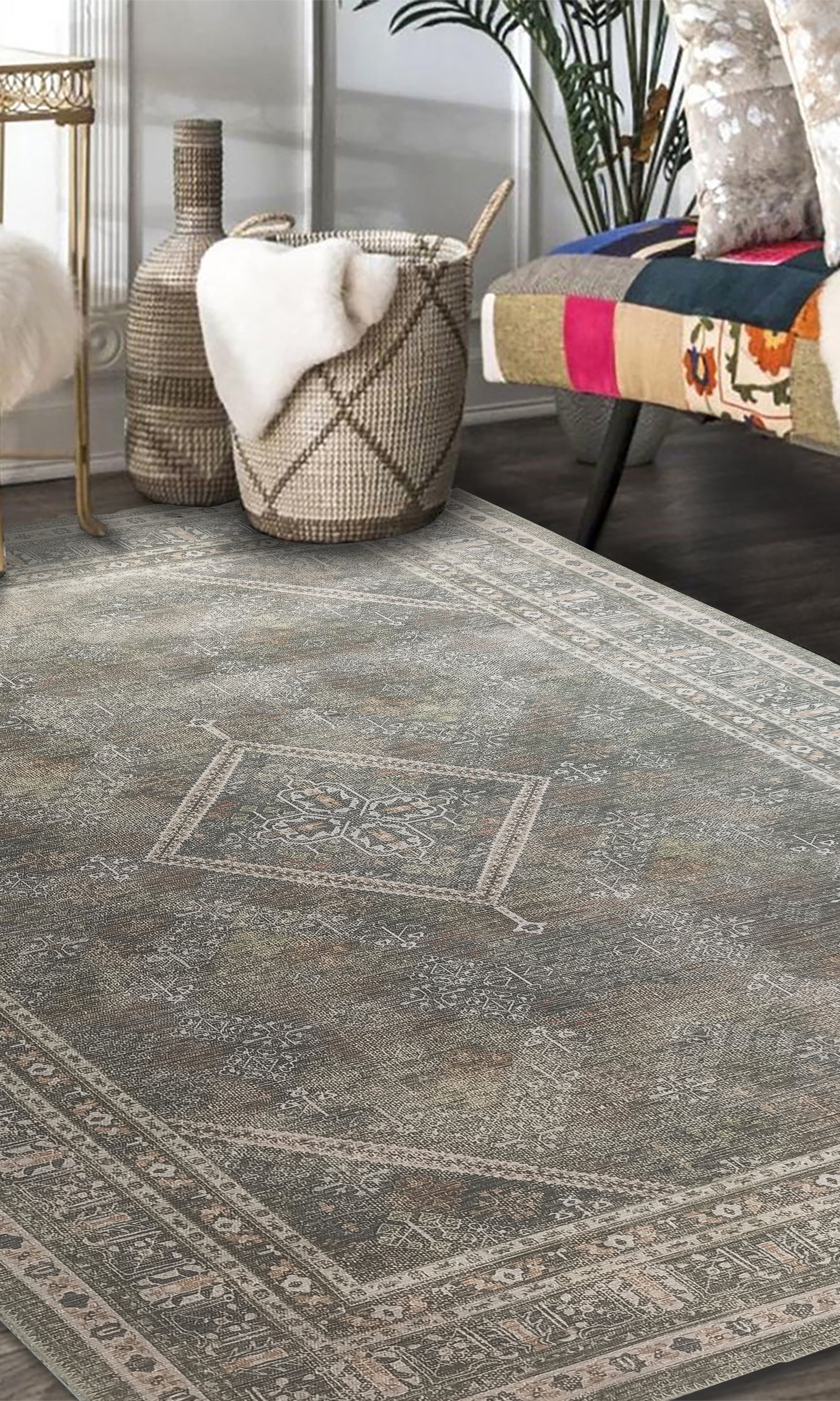 Nila Turkish Vintage Geometric Green & Olive Rug