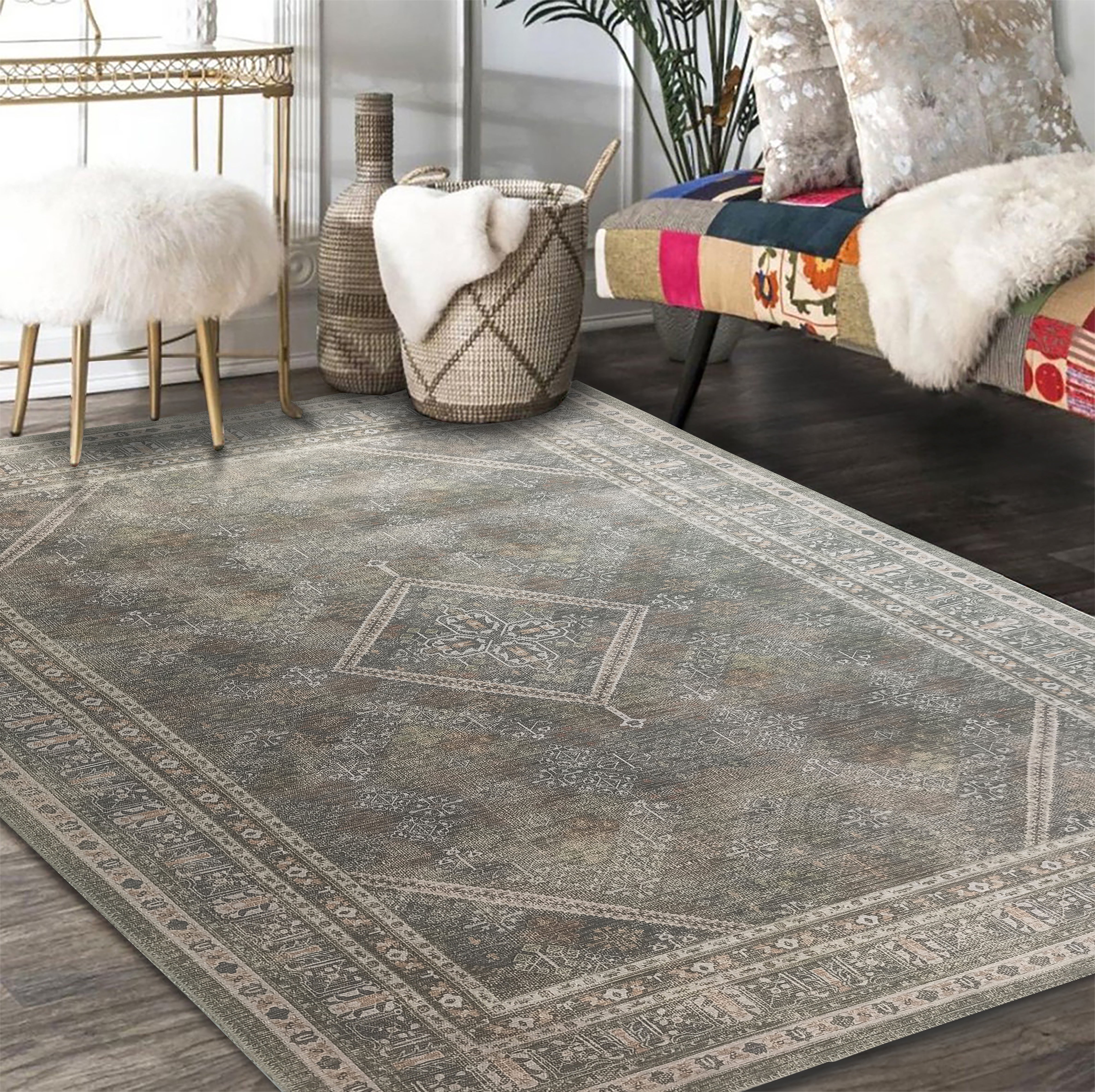 Nila Turkish Vintage Geometric Green & Olive Rug