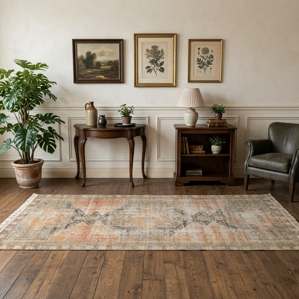 Geometric pattern on the Halantha Cassandra distressed vintage runner rug – handmade in Anatolia, Turkey