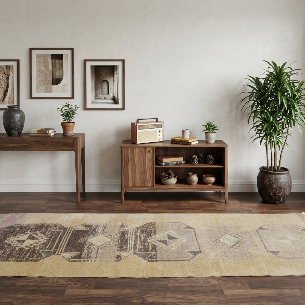 Geometric pattern on the Ferahsad Crystal vintage runner rug – handmade in Anatolia, Turkey
