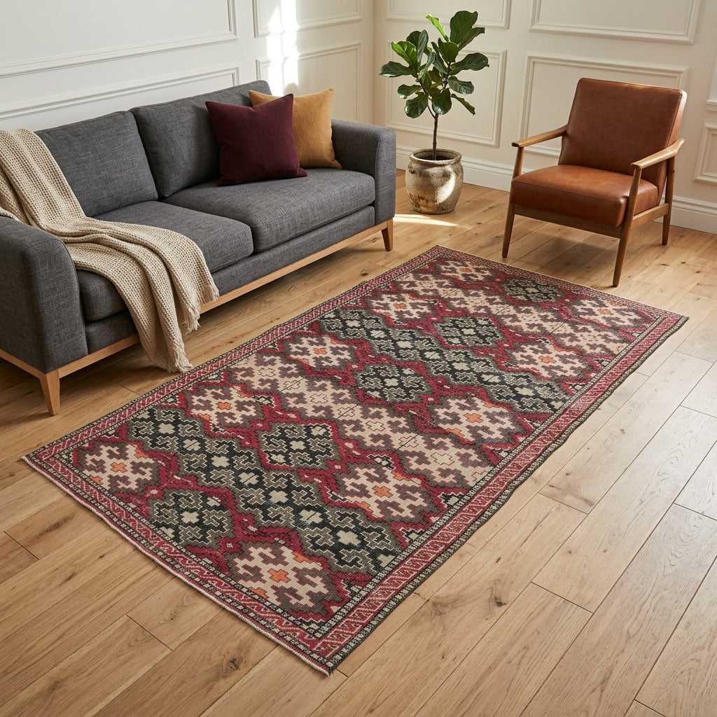 Geometric pattern on the Hebe vintage area rug – handmade in Anatolia, Turkey