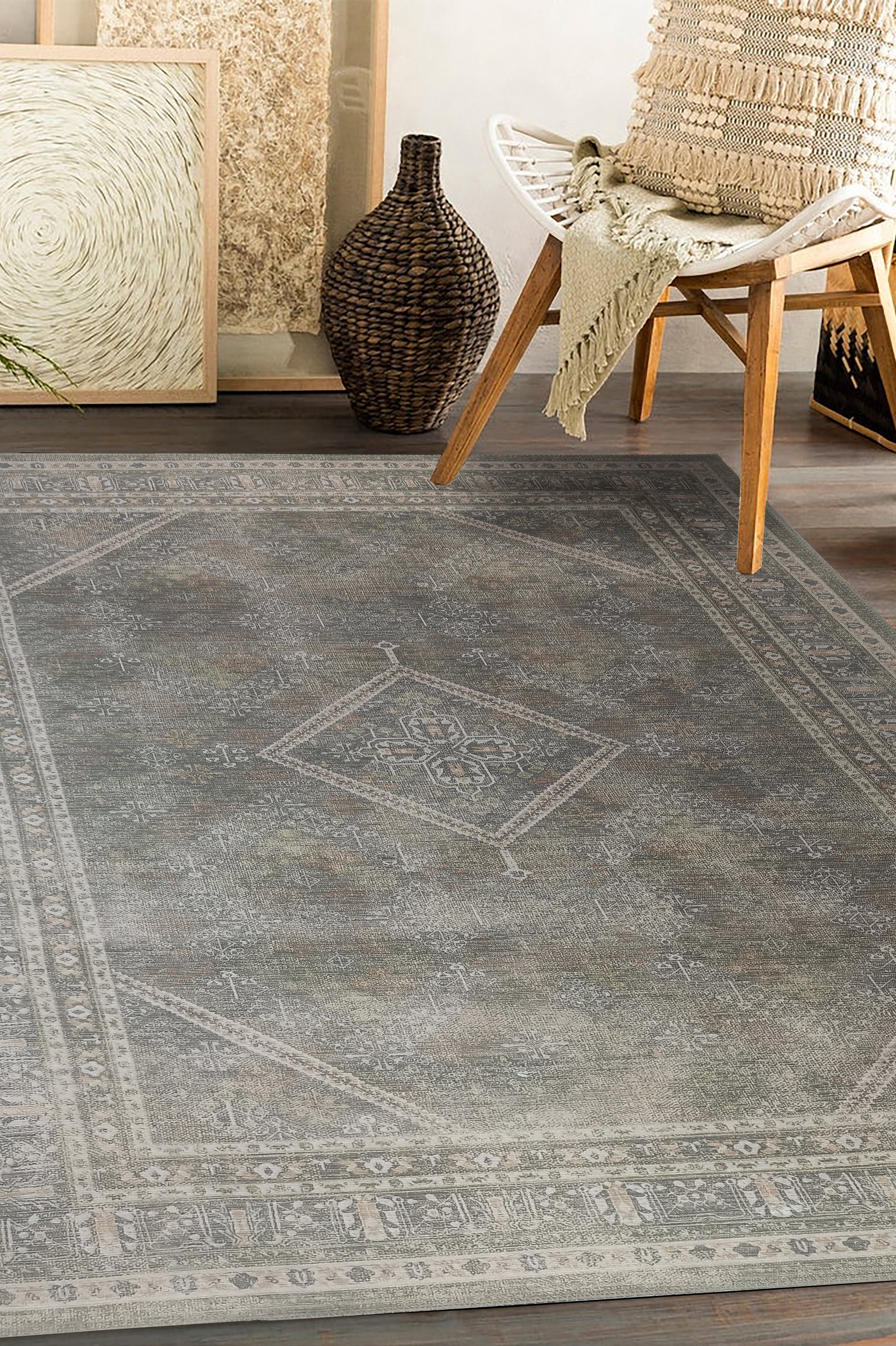 Nila Turkish Vintage Geometric Green & Olive Rug