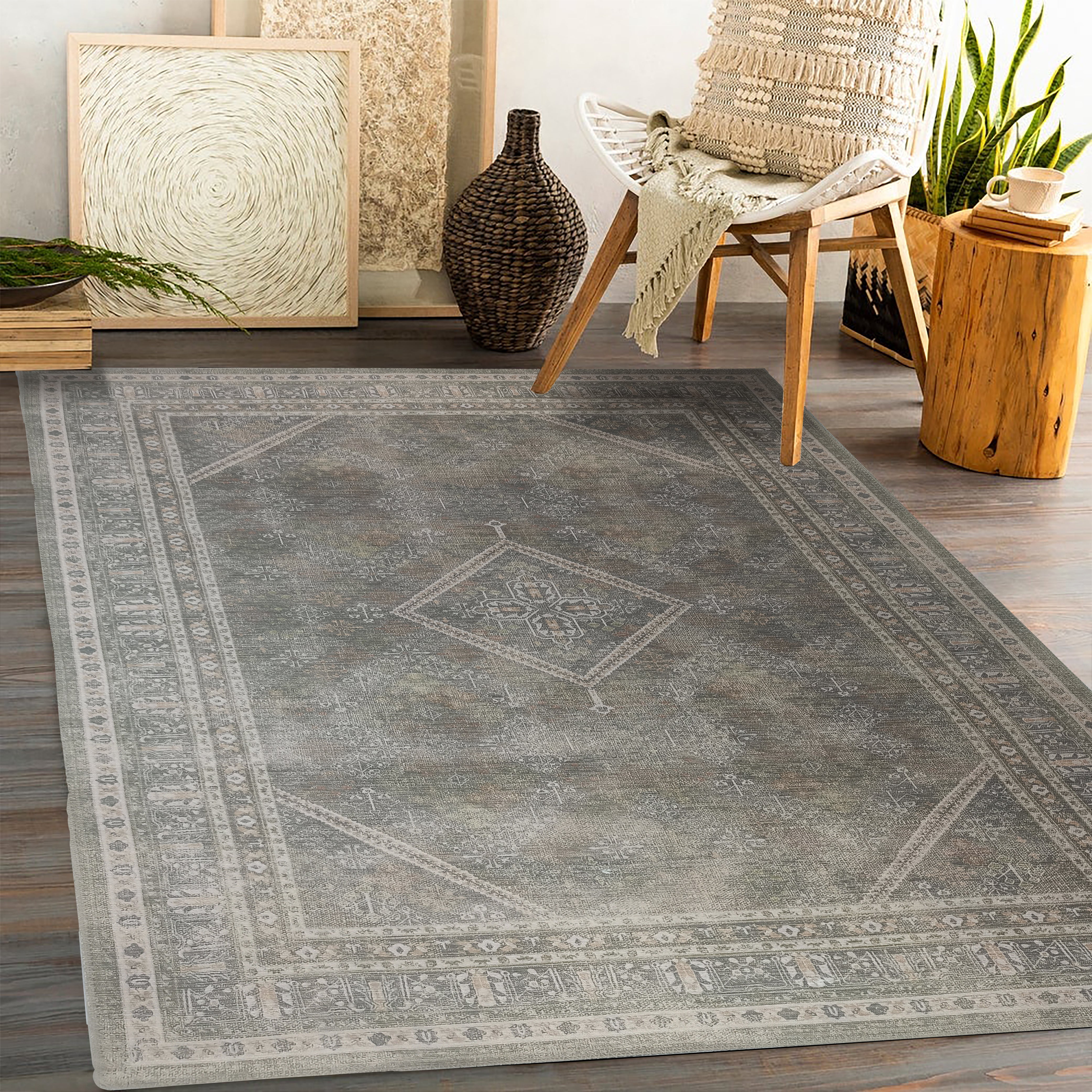 Nila Turkish Vintage Geometric Green & Olive Rug