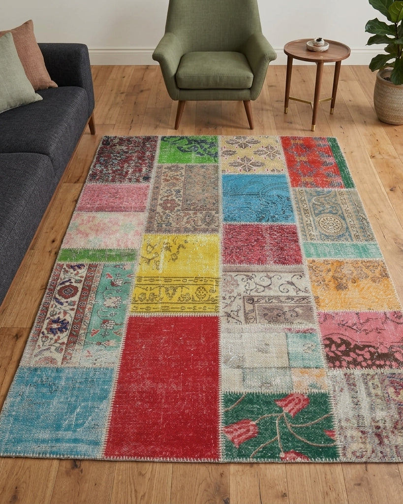 Patchwork pattern on the Hilal vintage patchwork area rug – handmade in Anatolia, Turkey