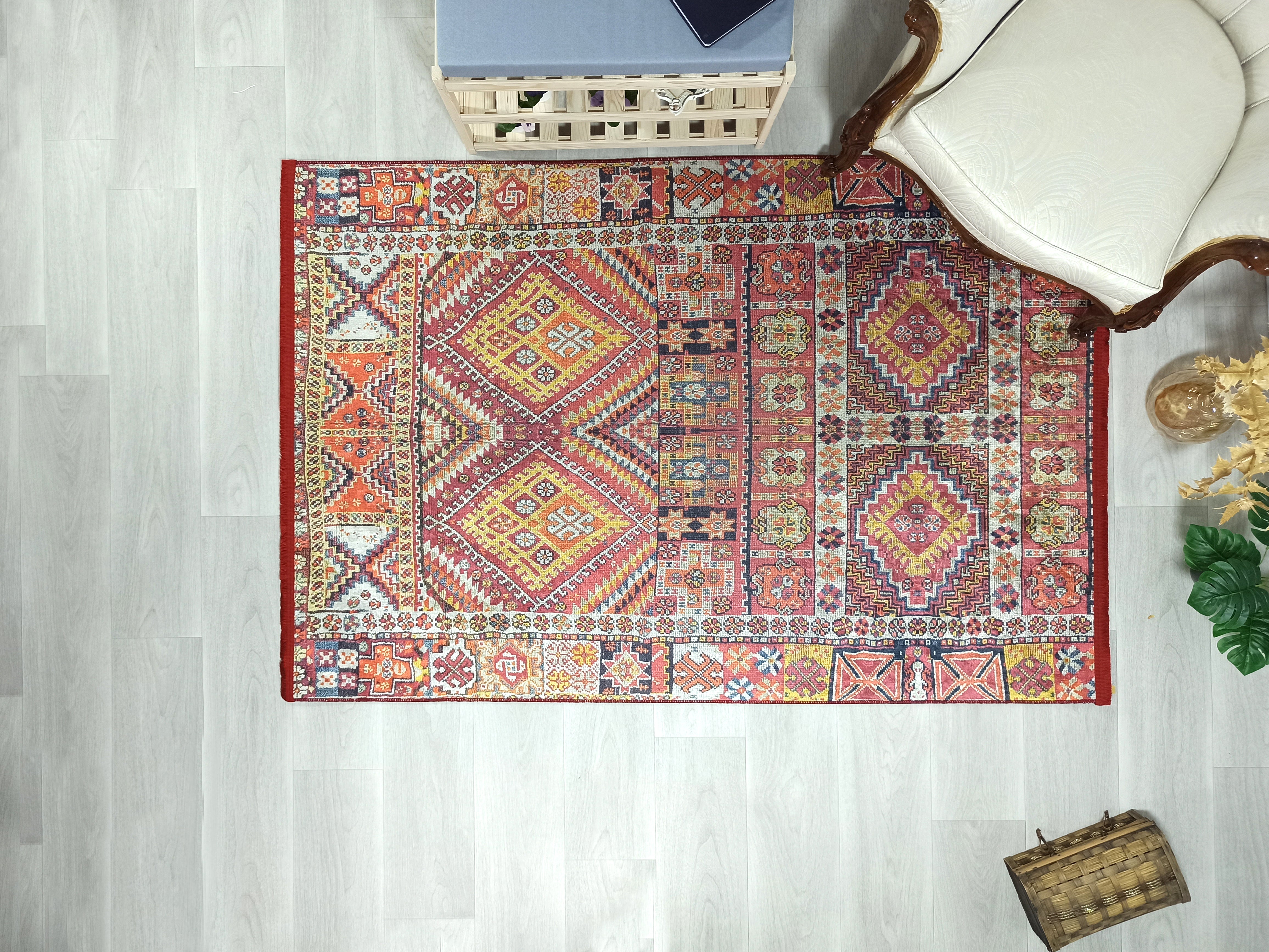 Persian Style Rug, Natural Ivory Colorful Geometry Rug
