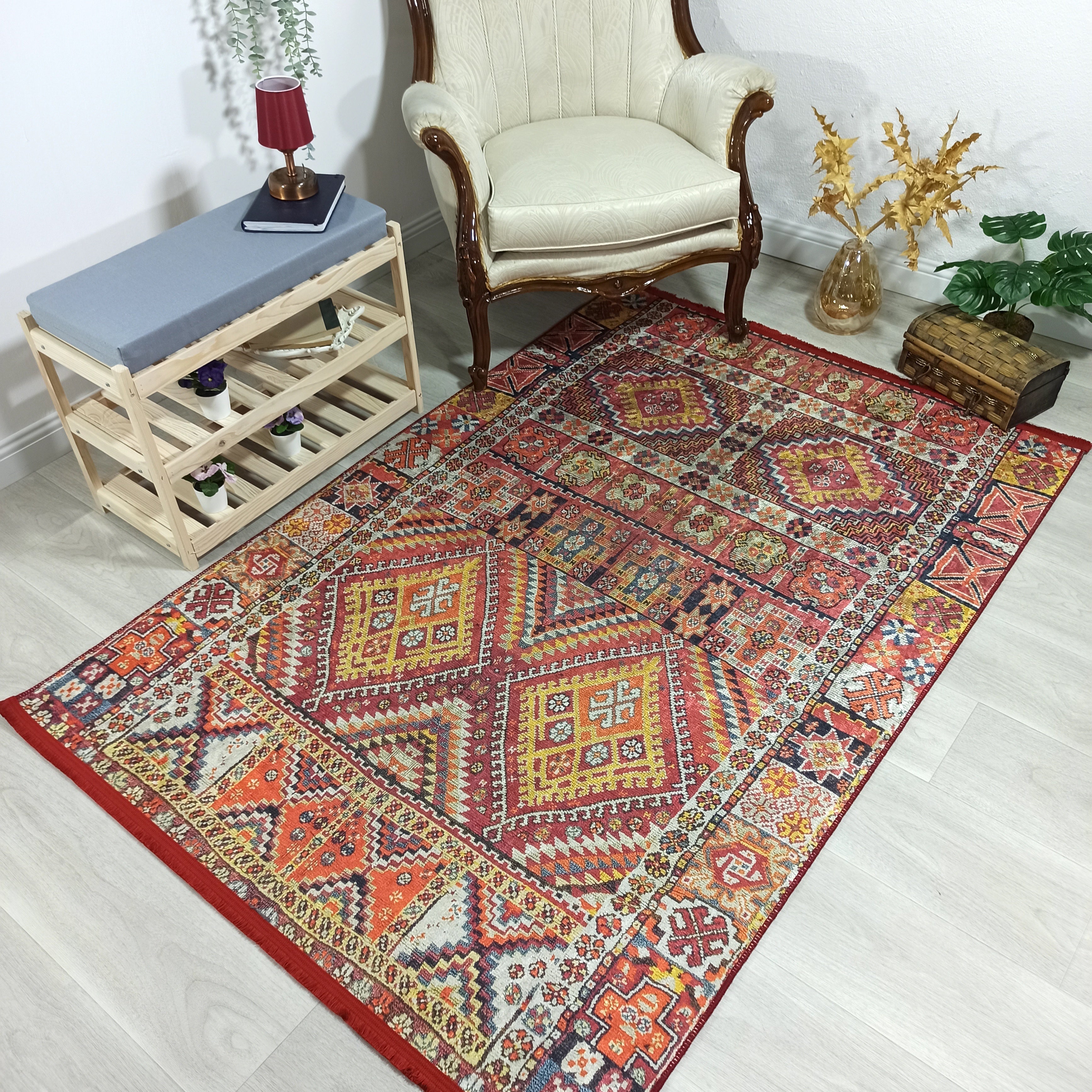 Persian Style Rug, Natural Ivory Colorful Geometry Rug