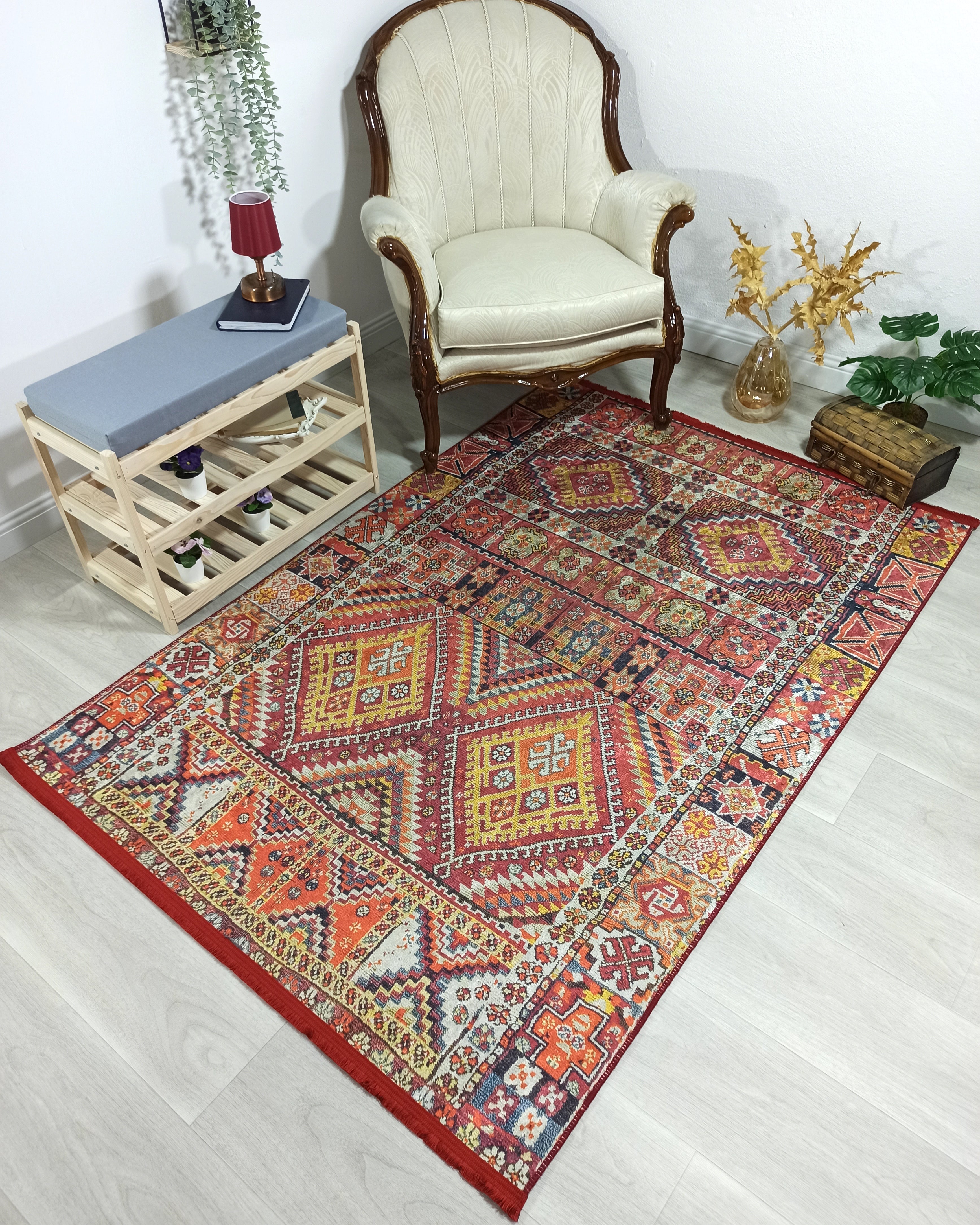Persian Style Rug, Natural Ivory Colorful Geometry Rug